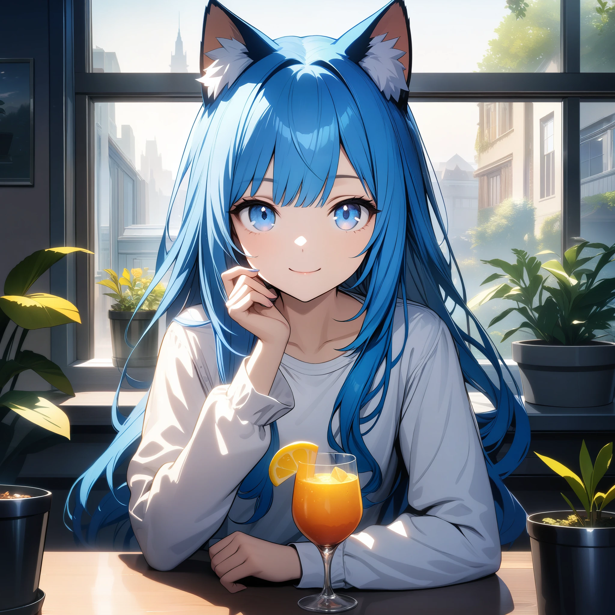 32k, best quality, ultra high res, HDR, UHD, extremely detailed CG, unity 32k wallpaper, 1girl, solo, long hair, looking at viewer, smile, bangs, blue eyes, shirt, long sleeves, holding, animal ears, closed mouth, blue hair, white shirt, multicolored hair, indoors, cat ears, cup, animal ear fluff, window, plant, holding cup, drinking glass, crystal, potted plant,