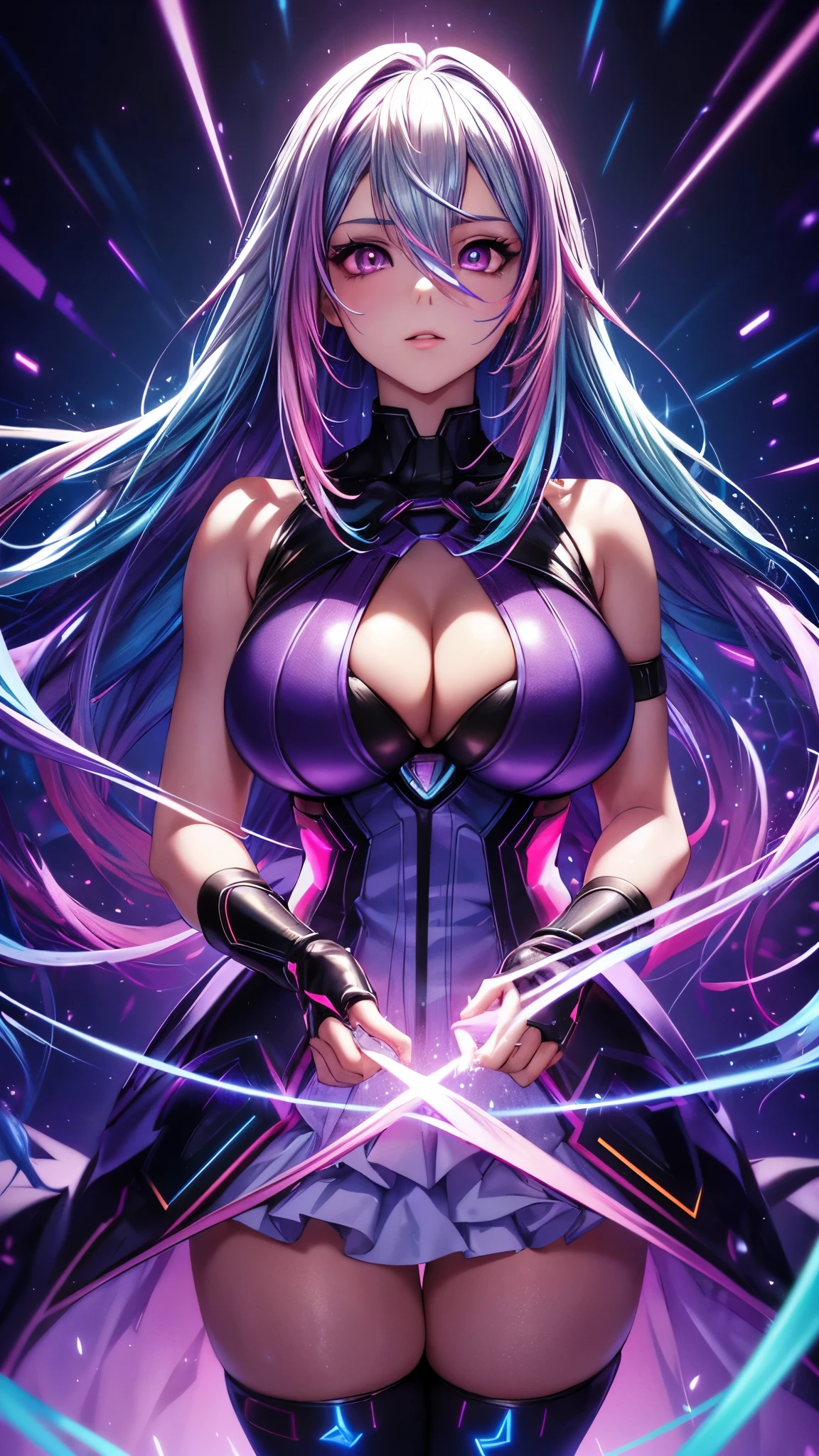 1 girl, 20 year old girl, one person, (Silver blue hair with pink and purple streaks:1.4), (Gradient sky blue hair:1.6), Hair, Absurdly long hair, One-side lock, curls, shiny hair, Flowing hair, (Illusion dark purple eyes), Delicateeyes, Aqua eyes, as tall as real eyes, ((Glowing eyes)), cosmetic, focus on face, The facial details are very rich, Hot body, Random environment, Random pose, on the street, Looking at the stars, meteor, Technical clothing masterpiece, White long skirt, There are a few cross stars next to it., Colored lights swirl around the body, (((A super huge colorful super complex multi-luminous magic array stands behind the head))), Cyberpunk, full-body shot, Realistic animation, Chiaroscuro, (Glowing lights), spark, Ray Tracing, movie lighting, Futurism, Motion blur, Perfect transition, Divine Light, Atmospheric perspective, best quality, Ultra HD, Super Detail, masterpiece, High resolution, precise, Retina, Octane Rendering