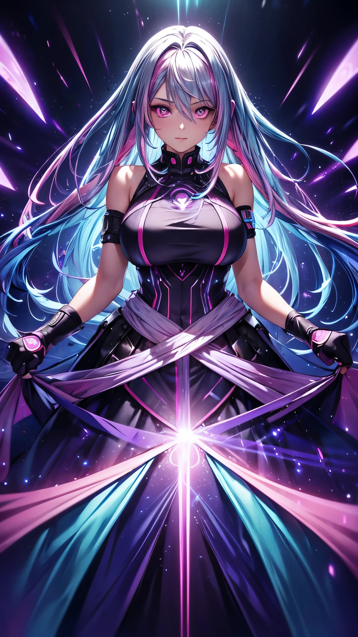 1 girl, 20 year old girl, one person, (Silver blue hair with pink and purple streaks:1.4), (Gradient sky blue hair:1.6), Hair, Absurdly long hair, One-side lock, curls, shiny hair, Flowing hair, (Illusion dark purple eyes), Delicateeyes, Aqua eyes, as tall as real eyes, ((Glowing eyes)), cosmetic, focus on face, The facial details are very rich, Hot body, Random environment, Random pose, on the street, Looking at the stars, meteor, Technical clothing masterpiece, White long skirt, There are a few cross stars next to it., Colored lights swirl around the body, (((A super huge colorful super complex multi-luminous magic array stands behind the head))), Cyberpunk, full-body shot, Realistic animation, Chiaroscuro, (Glowing lights), spark, Ray Tracing, movie lighting, Futurism, Motion blur, Perfect transition, Divine Light, Atmospheric perspective, best quality, Ultra HD, Super Detail, masterpiece, High resolution, precise, Retina, Octane Rendering