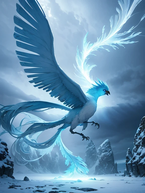 a giant white ice monster bird, glowing light blue feathers, shining white feathers, long blue tail, flying in a stormy snow sky, snow storm, dramatic lighting, epic fantasy, dramatic colors, dramatic composition, dramatic atmosphere, fantasy art