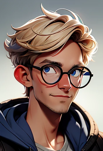 Adscent male with short messy blonde hair, eyewear, white shirt, smiling, blue pupils, larger in size, blue hoodie, detailed facial features, high quality, 8k, photorealistic, portrait, cinematic lighting, vibrant colors, dramatic shadows