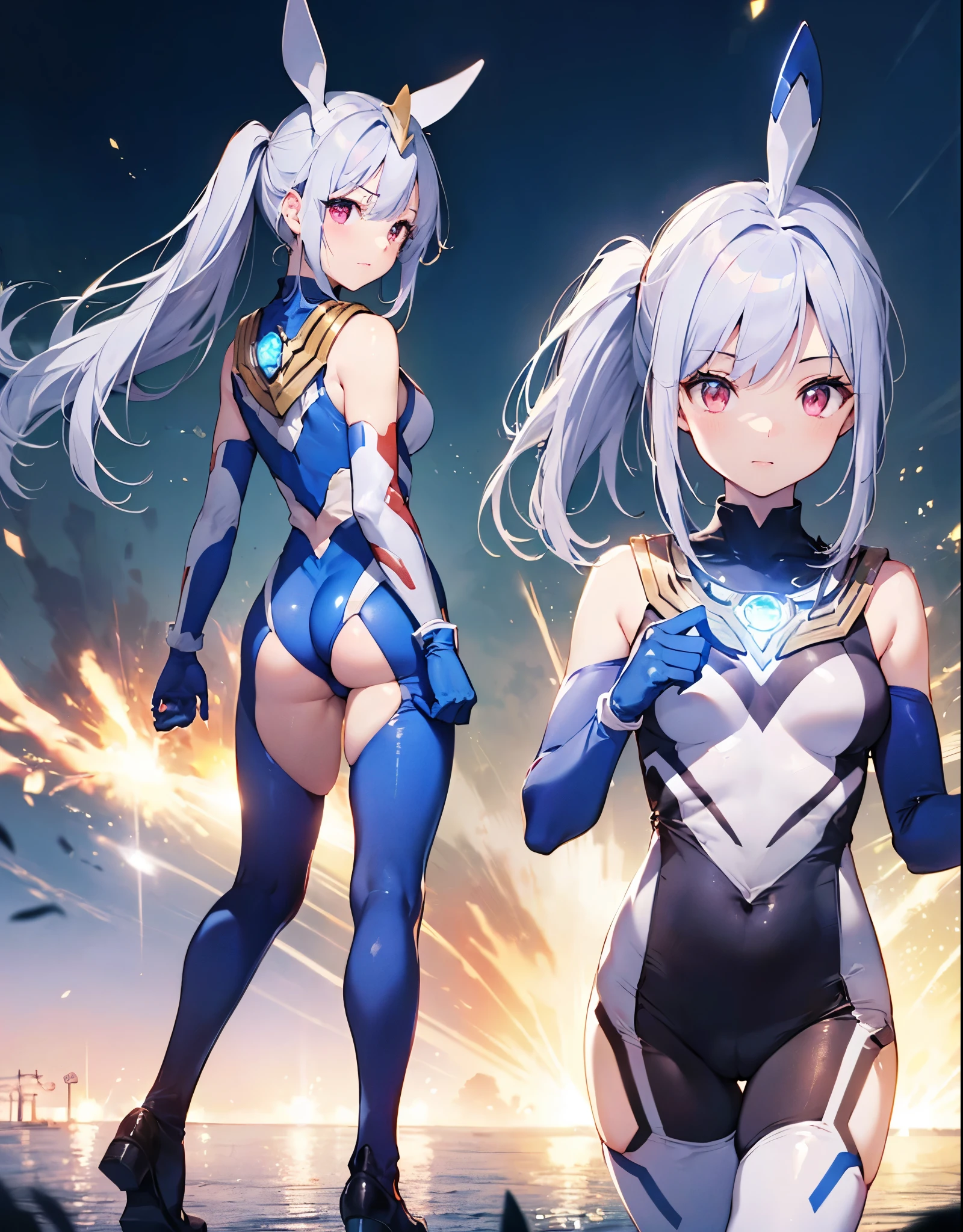 (Close-up:1.3),Realistic,highest quality, Ultra Detail, High-quality CG rendering, The most delicate and beautiful, Floating softly, High resolution, (1 girl), (Highest quality,4K,8K,masterpiece:1.2) ,Light purple hair,Rabbit,Bunny ears,ponytail,Red eyes,(Ultra Girl:1.0),(Bright blue Ultraman bodysuit:1.4),(Blue gloves:1.3),(Blue shoes:1.3), (Turn your back to your audience:1.3),Ass,(背中にウサギのAss尾:1.5),(whole body:1.3)