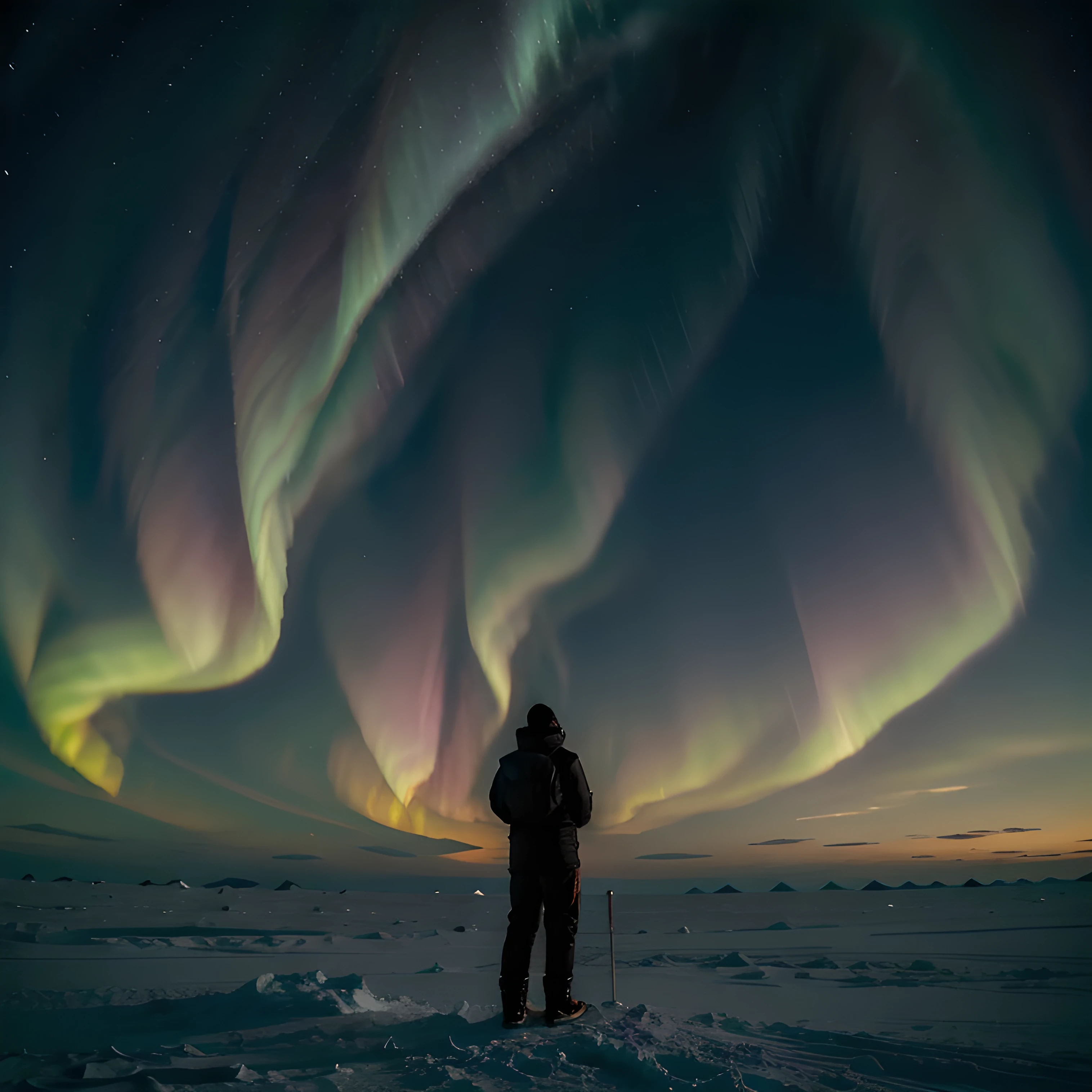 A person is standing at the South Pole and can see the aurora light in the sky