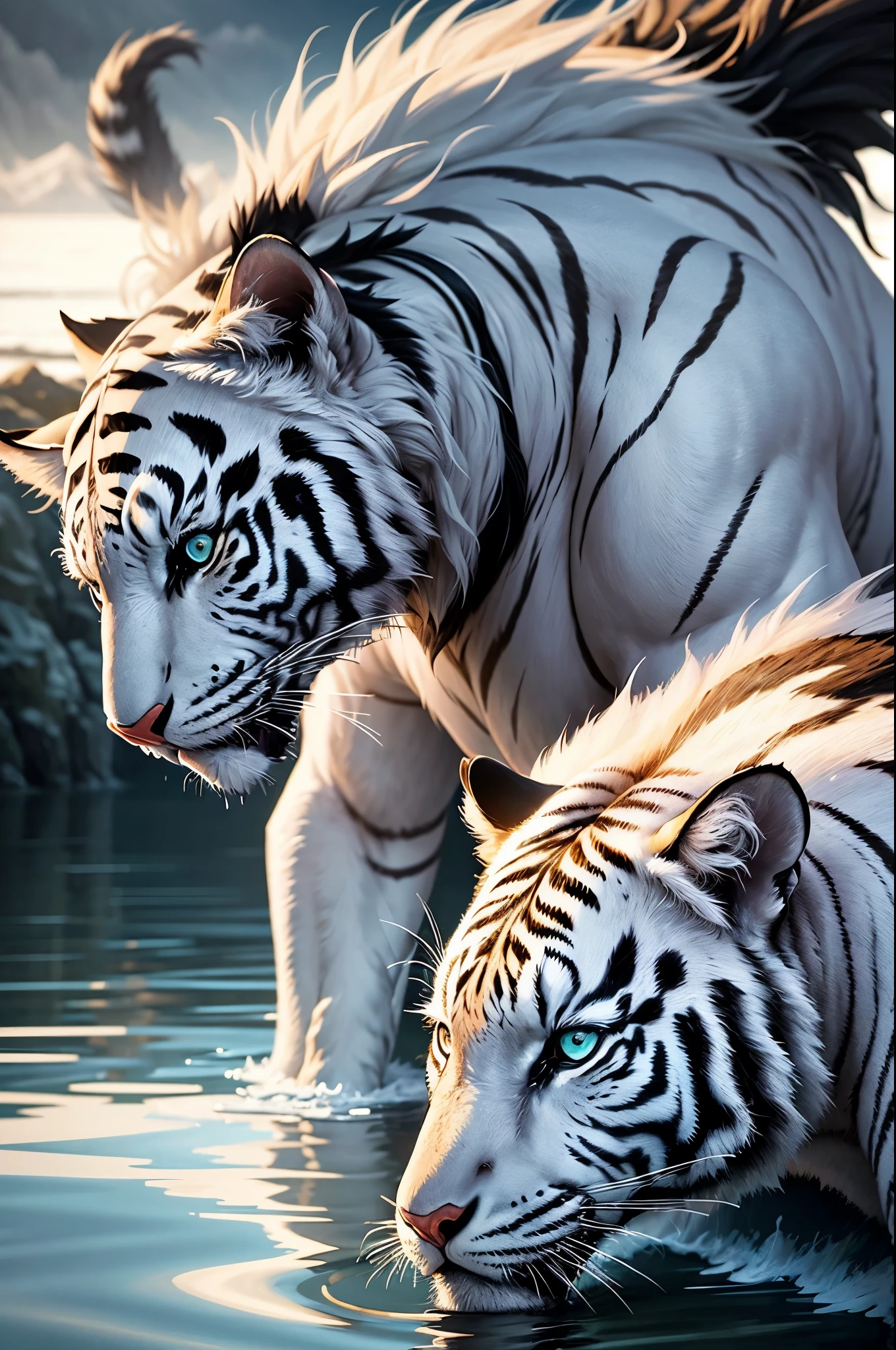 detailed fur on animals, vibrant and realistic colors, surreal landscape, ethereal atmosphere, mystical setting, magical sunlight, dreamlike reflections of water, dynamic composition, enchanting scene, intense and captivating emotions, intricate and fascinating details, shots of soft brush on canvas, harmonious color palette, striking contrast between light and dark, mythical creatures, powerful and majestic presence, deep connection, white tiger, enigmatic and thought-provoking story. if necessary to emphasize certain aspects of the prompt.
