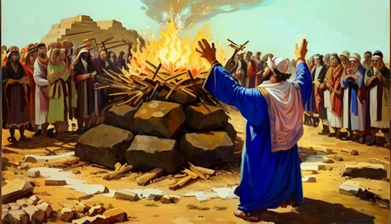 a painting of a man standing in front of a crowd of people, moisés, bible illustration, epic biblical representation, Ancient Biblical, Philistine greed sermon, ( Arte Fitzpatrick ), biblical image, bonfogo, the born fogo, fogo and brimstone, but it can only be burned, sacred ceremony, biblical painting, monges!!!!!!!!! fogo, biblical art, biblical art style