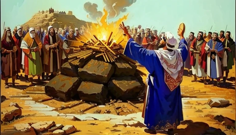 a painting of a man standing in front of a crowd of people, moisés, bible illustration, epic biblical representation, Ancient Biblical, Philistine greed sermon, ( Arte Fitzpatrick ), biblical image, bonfogo, the born fogo, fogo and brimstone, but it can only be burned, sacred ceremony, biblical painting, monges!!!!!!!!! fogo, biblical art, biblical art style