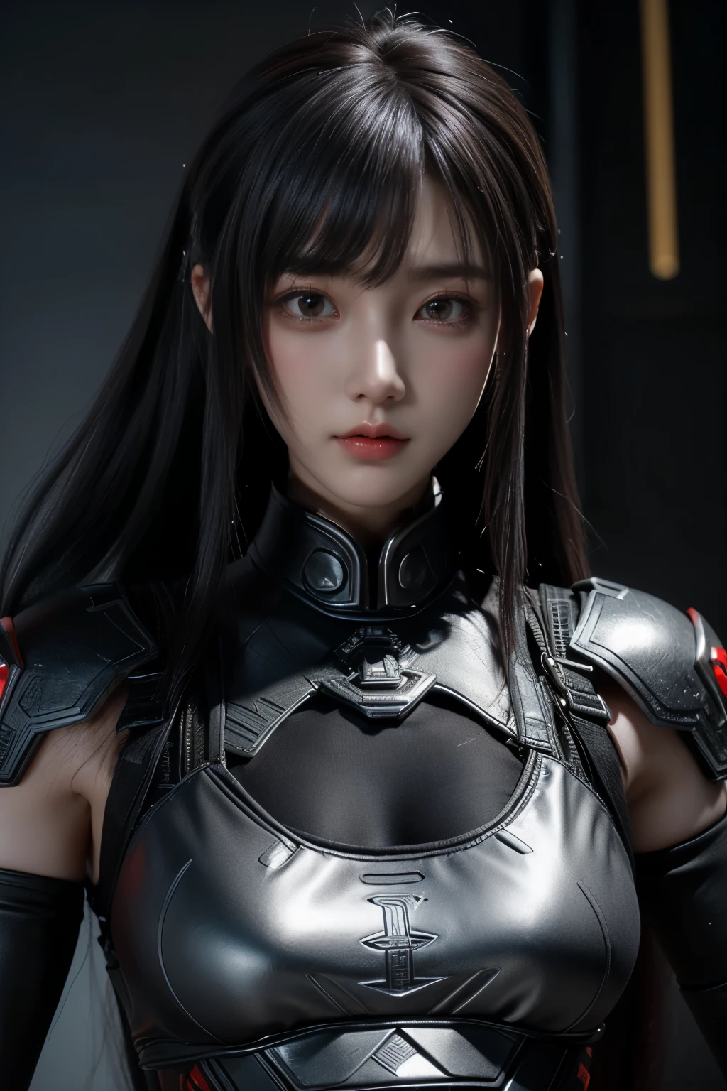 Masterpiece,Game art,The best picture quality,Highest resolution,8K,(Portrait),Unreal Engine 5 rendering works,(Digital Photography),((Portrait Feature:1.5)),
20 year old girl,Short hair details,With long bangs,(The red eye makeup is very meticulous),(With long gray hair:1.4),(Large, full breasts),Elegant and noble,Brave and charming,
(Future armor combined with the characteristics of ancient Chinese armor,Hollow design,Power Armor,The mysterious Eastern runes,A delicate dress pattern,A flash of magic),Warrior of the future,Cyberpunk figures,Background of war,
Movie lights，Ray tracing，Game CG，((3D Unreal Engine))，OC rendering reflection pattern