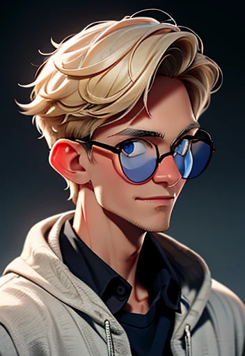 Adolescent male with short messy blonde hair, eyewear, white shirt, smiling, blue pupils, larger in size, blue hoodie, detailed facial features, high quality, 8k, photorealistic, portrait, cinematic lighting, vibrant colors, dramatic shadows