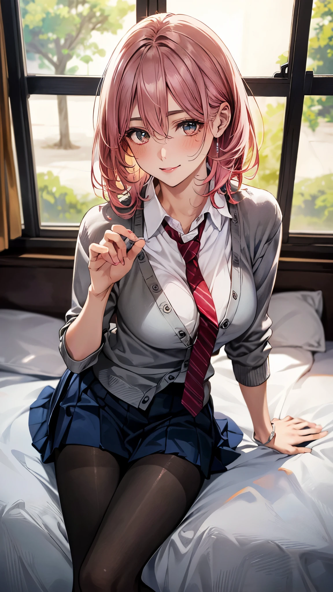 (masterpiece:1.3, top-quality, ultra high res, ultra detailed), (realistic, photorealistic:1.4), beautiful illustration, perfect lighting, natural lighting, colorful, depth of fields, ,
beautiful detailed hair, beautiful detailed face, beautiful detailed eyes, beautiful clavicle, beautiful body, beautiful chest, beautiful thigh, beautiful legs, beautiful fingers, shiny skin, babyface,
looking at viewer, (face focus), 1 girl, japanese, high school girl, (perfect anatomy, anatomically correct, super detailed skin), cute and symmetrical face, perfect face, perfect eyes,
(middle hair, (two side up), pink hair), hair between eyes, dark green eyes, long eyelashes, (large breasts, seductive thighs), , outstanding style, tiny,
(detailed cloth texture, cardigan, light blue collared shirt, navy pleated skirt, red tie, black pantyhose),
(beautiful scenery), evening, (room, bed, blue curtains, window), sitting, (lovely smile, upper eyes),