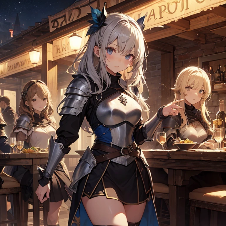 A group of female medieval fantasy adventurers, (in tavern), various hair styles, harem, night, details face, short skirt, seducing, armor