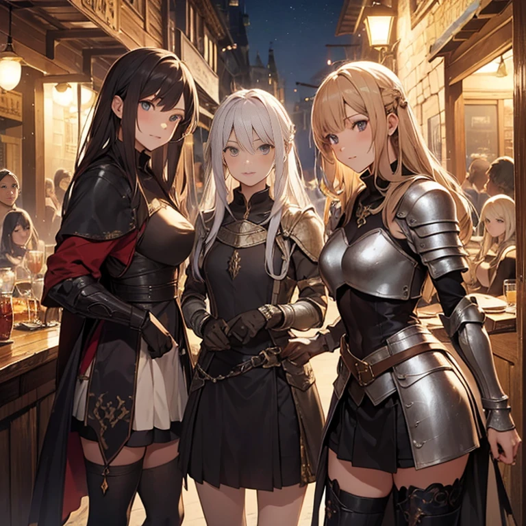 A group of  female medieval fantasy adventurers, (in tavern), various hair styles, harem, night, details face, short skirt, seducing, armor 