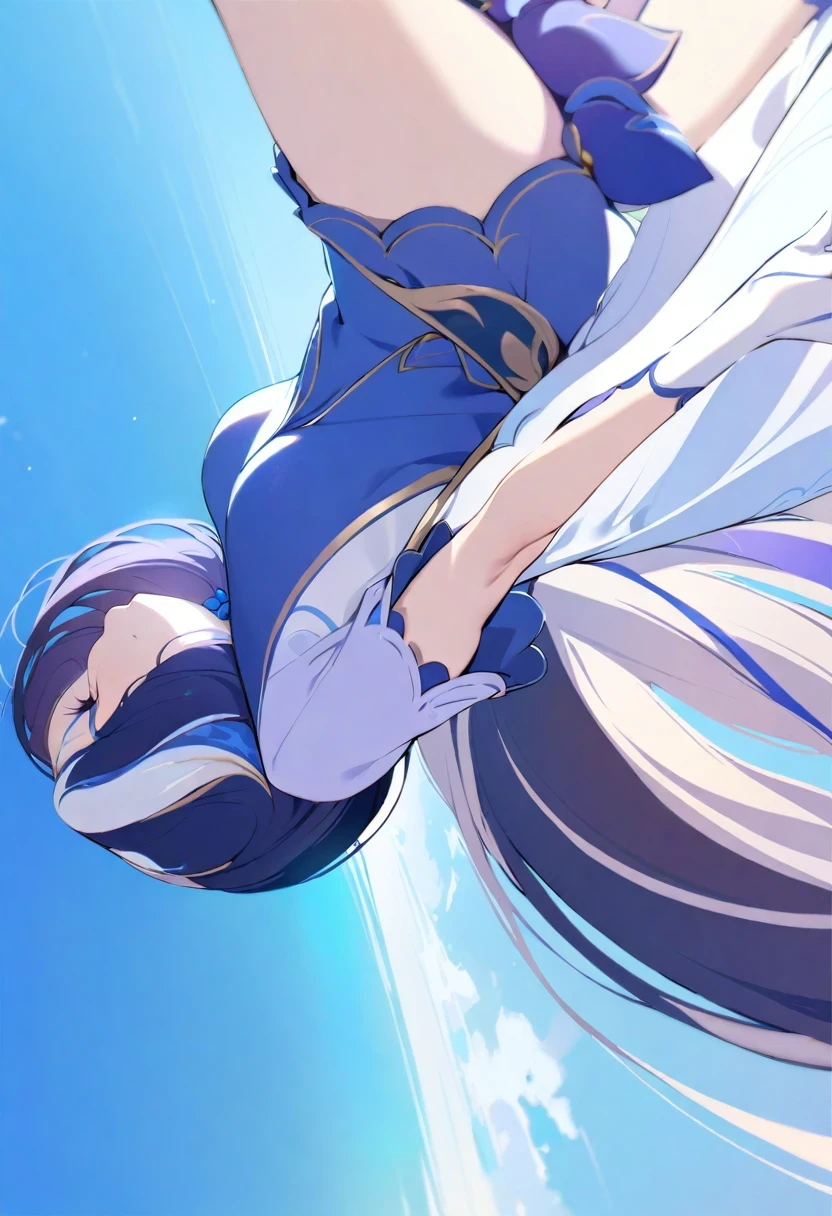 (shylily/(Twich/):1.5),(masterpiece:1.2),(best quality:1.2), one person, beautiful girl, white woman, Jump, sideways, looking off to the side, , Short sleeve, Blue sky