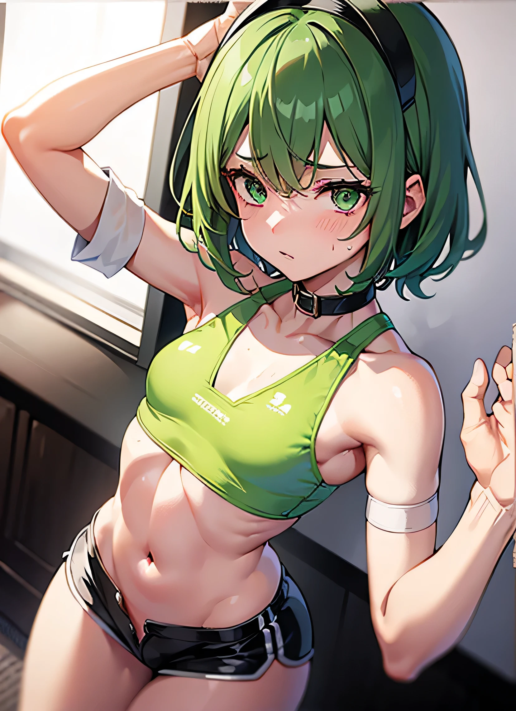 1girl,mature female,solo,backview, Perfect butt, small waist,green hair,medium hair,long bangs, water green eyes, shy expression,(chocker), Crop top, short sports shorts, pantie thread at the height of the abdomen, from the back in your room, interesting perspective, golden proportion, aurea proportion Blushed,flat tummy, sweat, and sweat, pet collar