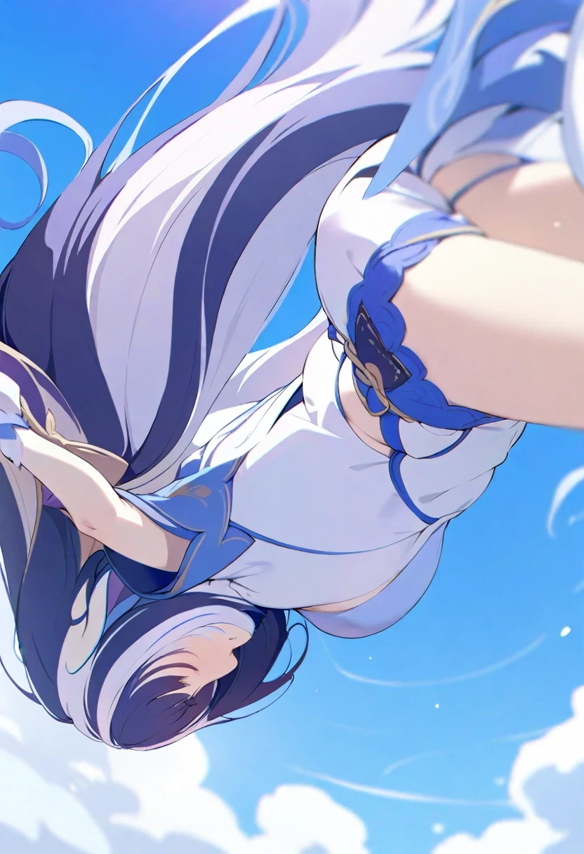 (shylily/(Twich/):1.5),(masterpiece:1.2),(best quality:1.2), one person, beautiful girl, white woman, Jump, sideways, looking off to the side, , Short sleeve, Blue sky