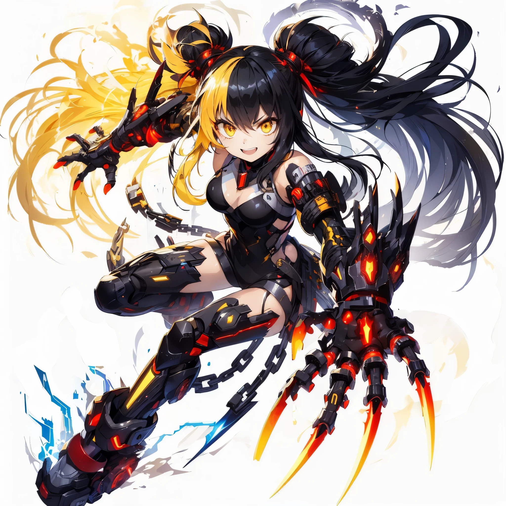 
(Masterpiece, top quality), (detailed hair), super detailed, anime style, full body, solo, concept art, cyberpunk fighter girl, one topknot black hair mixed with yellow hair, gold eyes, right hand converted to cybernetic claw known as talon of horus. Left hand is bare fist, wearing cyber-suits, and red muffler, cyber long horned, wearing armored boots, supernatural Lightning and flame, 8k high resolution, trending art station, white background, standing in wasteland