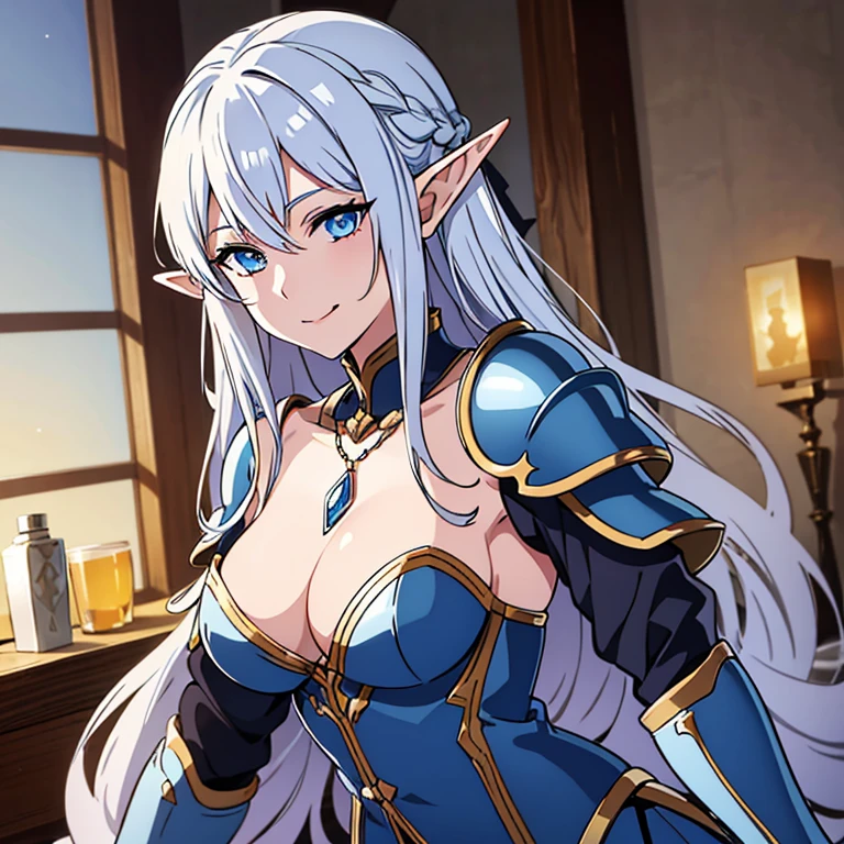 tavern room, on bed, inn, smile, Smiling, solo, 1girl, soft smile, slender figure, slim, young girl, short height, full cheeks, skinny, short height, Sexy, Beautiful composition, the trees, beatiful face, handsome body (Body Full 1.1.), Beautiful figure, in full height (Body Full 1.1.), closed mouth, tongue out, Digital Art, sexypose, beautiful breasts, small-sized breasts, High Elf Knight(Body Full 1.1) elf, (Dark Blue eyes:1.5), white hair, long hair, braid on hair, silver hair, Knight, Beautiful figure, beautiful breasts, (Fullness of the body.1,1) silver hair, Hair between the eyes, hairlong, straight hair, pointed ears, long ears, side locks, bangs, Asymmetrical Clothing, elf, (Masterpiece:1.2), Best Quality, High Resolution, Unity 8k Wallpaper, (illustration:0.8), (beautiful detail eyes:1.6), extremely detailed face, perfect lighting, extremely detailed CGI, (perfect arms, perfect anatomy), epic composition, plate armor, knight armor, spear in hand, hair braid on head, braid, tress, tress on head, golden spear, looking at viewer, necklace, cleavage