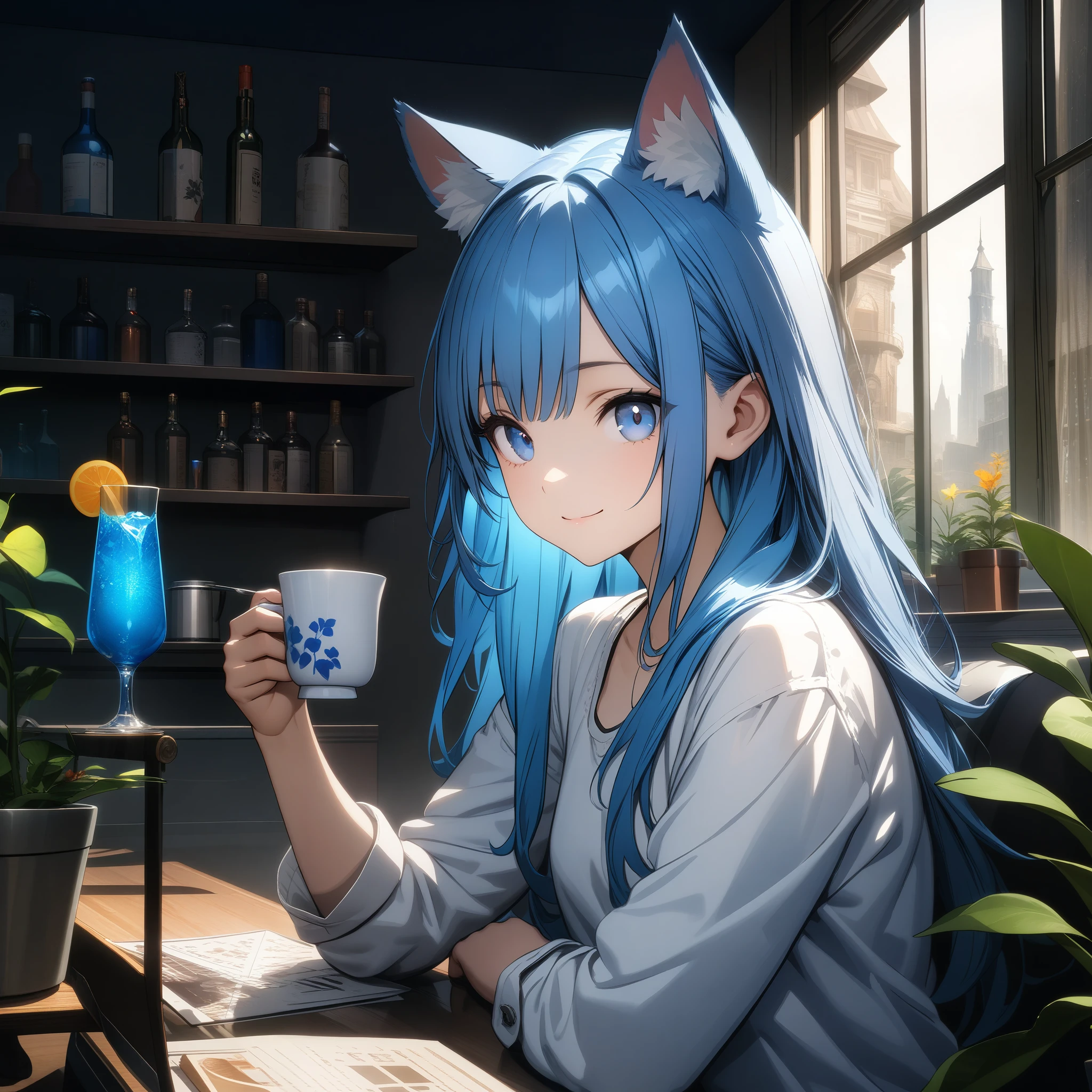 32k, best quality, ultra high res, HDR, UHD, extremely detailed CG, unity 32k wallpaper, 1girl, solo, long hair, looking at viewer, smile, bangs, blue eyes, shirt, long sleeves, holding, animal ears, closed mouth, blue hair, white shirt, multicolored hair, indoors, cat ears, cup, animal ear fluff, window, plant, holding cup, drinking glass, crystal, potted plant,