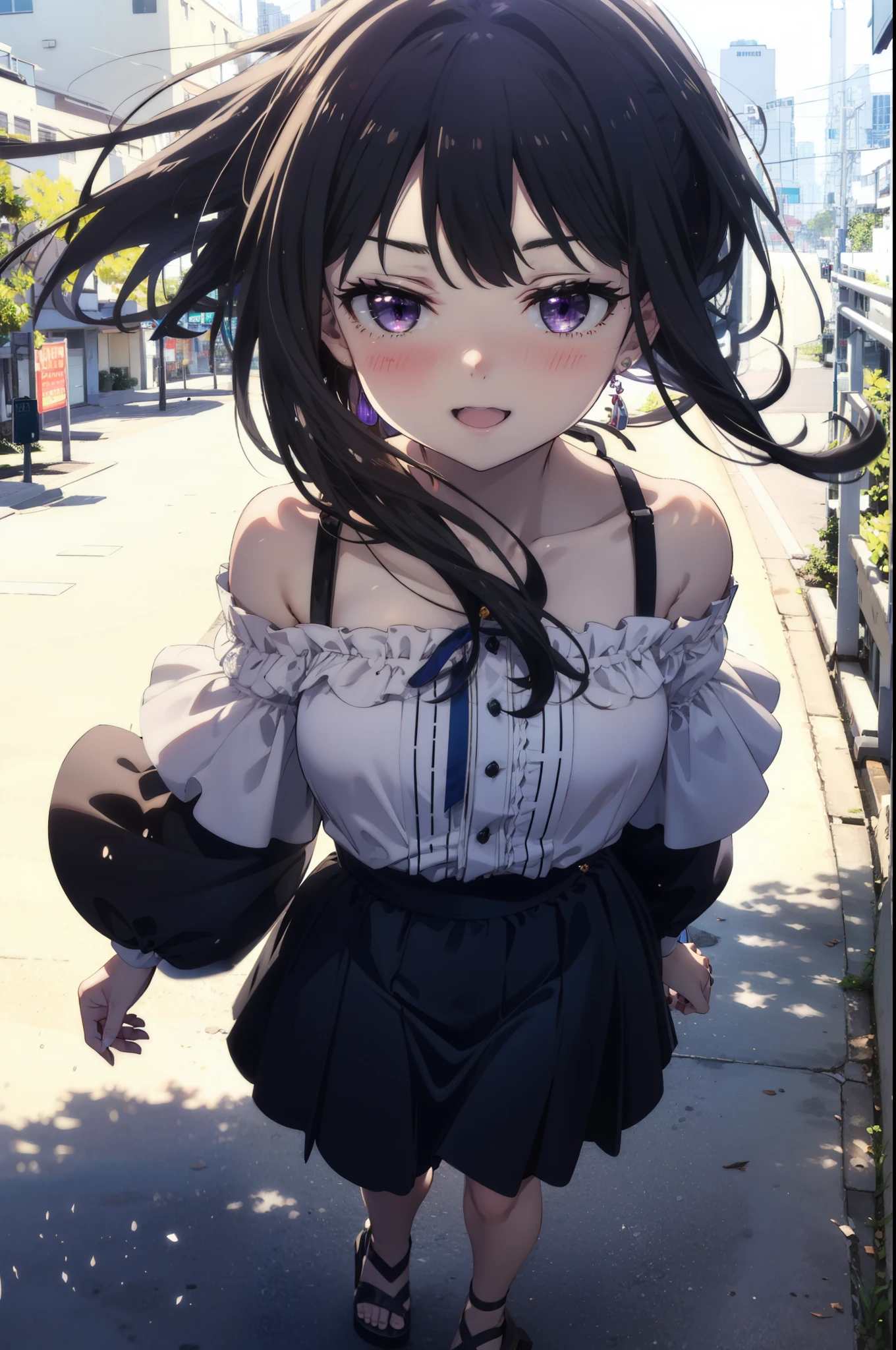 Takiuchi, Check it out, Long Hair, bangs, Black Hair, (Purple eyes:1.2),happy smile, smile, Open your mouth,Off-the-shoulder blue dress,Expose your shoulders,bare clavicle,Bare neck,Bare arms,blue long skirt,Cute heeled sandals,Real Summer,Daytime,sunny,My hair is blowing in the wind,whole bodyがイラストに入るように,Looking down from above,
break outdoors, city,海岸通り
break looking at viewer, whole body,
break (masterpiece:1.2), highest quality, High resolution, unity 8k wallpaper, (shape:0.8), (Beautiful details:1.6), Highly detailed face, Perfect lighting, Extremely detailed CG, (Perfect hands, Perfect Anatomy),