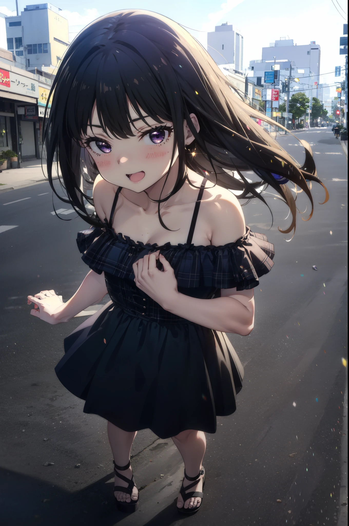 Takiuchi, Check it out, Long Hair, bangs, Black Hair, (Purple eyes:1.2),happy smile, smile, Open your mouth,Off-the-shoulder blue dress,Expose your shoulders,bare clavicle,Bare neck,Bare arms,blue long skirt,Cute heeled sandals,Real Summer,Daytime,sunny,My hair is blowing in the wind,whole bodyがイラストに入るように,Looking down from above,
break outdoors, city,海岸通り
break looking at viewer, whole body,
break (masterpiece:1.2), highest quality, High resolution, unity 8k wallpaper, (shape:0.8), (Beautiful details:1.6), Highly detailed face, Perfect lighting, Extremely detailed CG, (Perfect hands, Perfect Anatomy),