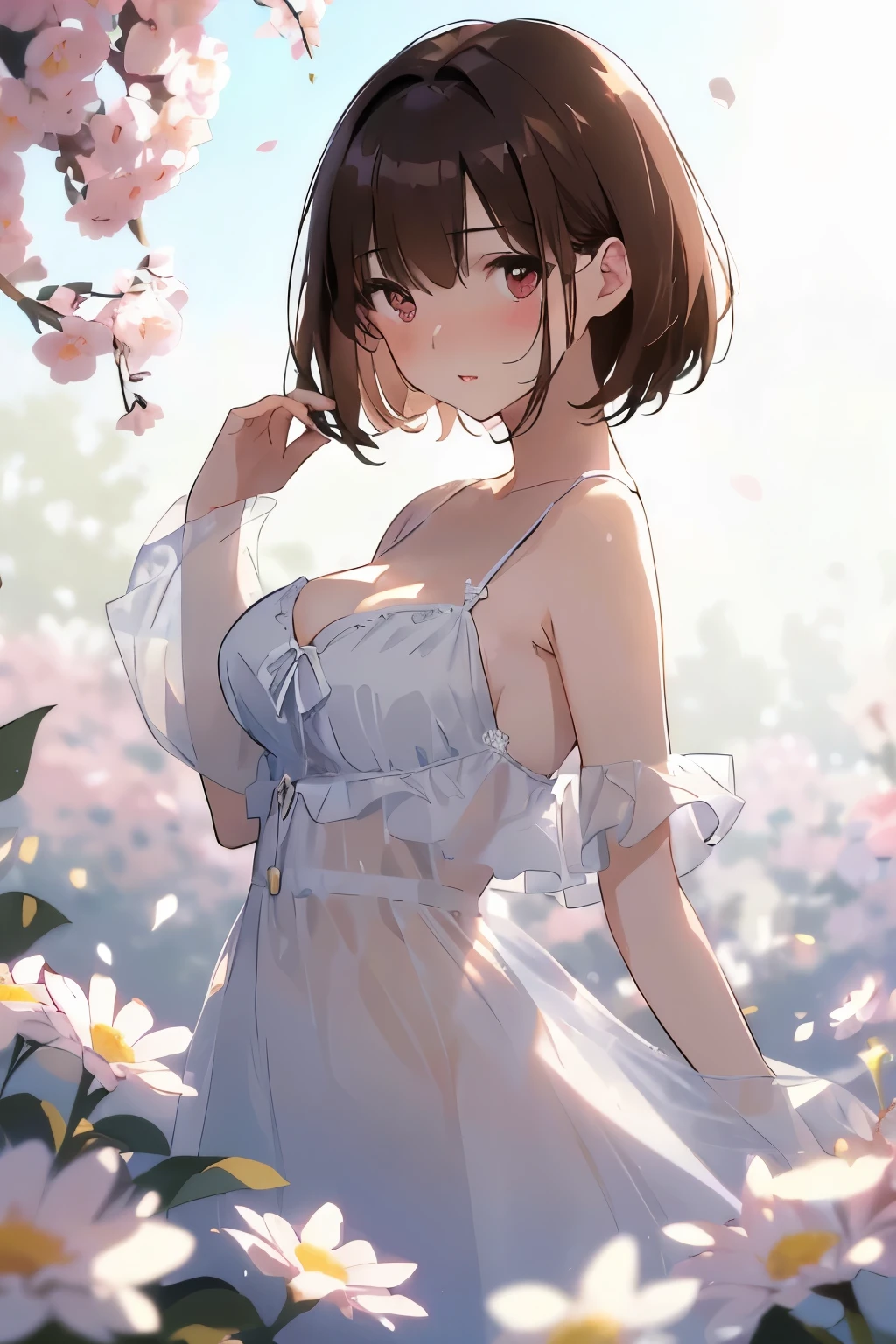 best quality, masterpiece, solo, 1 Female、Age 25、Larger breasts、(Cleavage)、(Slender figure)、sheer white dress、From the side、Poses that emphasize the chest、(White highlight in pupil:1.2)、Dark reddish brown eyes、(Black-haired:1.2)、(Medium Hair)、(View your viewers:1.2)、White skin、(blush)、(Embarrassed expression)、(I blur the background a lot to make the woman stand out.:1.3)、(The sunlight shines in)、(Beautiful flowers in the background)