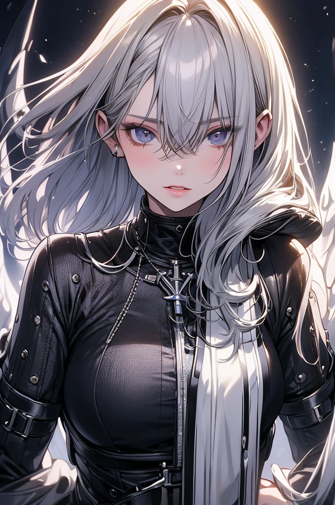 ((masterpiece, highest quality)),Ultra-high resolution, (realism: 1.4),Best illustrations,Line art,Very condensed adult female,Wild adult woman fighting enemies,Delicate and beautiful features,Long, narrow eyes,Sharp face,A garment with extremely detailed wrinkles,A firm expression,Clear face,Silver Hair,Wolf ears,Fantasy,The background is a full moon and wilderness,wide aperture,Unreal 5,Scattered beneath the surface,Anatomically correct,Low angle full body shot