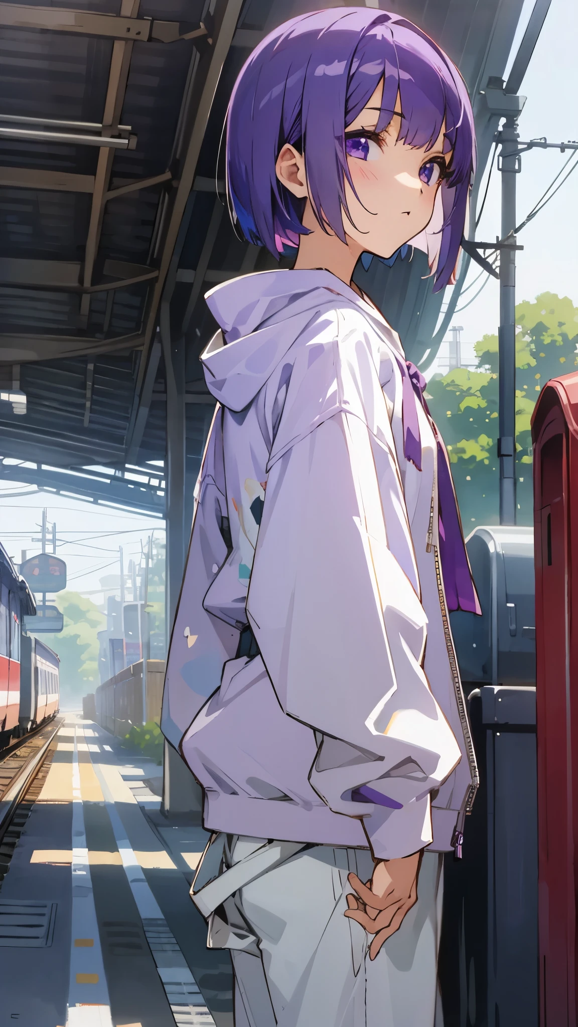 1 Girl、Anime-style paintings、Purple short bob cut、Straight Hair、Purple Eyes、Wearing a white hoodie、Railway station background