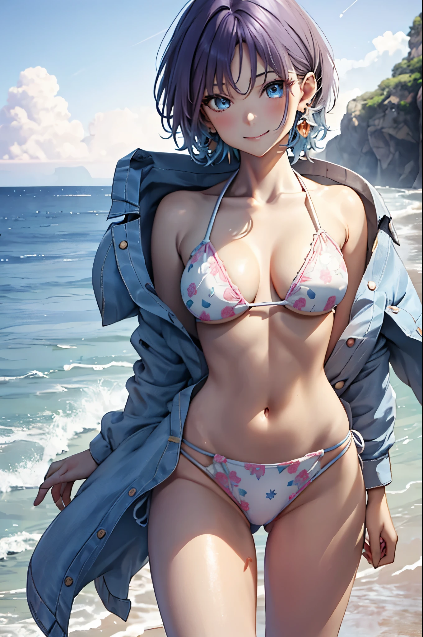 (close up face:1.7), (extreme close-up view:1.7), (front side:1.7), dutch angle, side viewer★品質:(1 girl), (Perfect hands:1.2), (Perfect Anatomy:1.2),best quality, masterpiece, (ultra detailed:0.6), ideal ratio body proportions, high resolution, HDR, unity 8k, nice hands, top quality, ★environment:ocean, cloud, blue sky, day, outdoor, sky, beach, ★expression:smile, waiting for a kiss, looking at viewer, ★subject:{asakura_tooru_theidolmstershinycolors:1.15}, ★appearance:detailed face, cute, charming, beautiful face, beautiful detailed face, perfect face, cute and symmetrical face, baby face, (medium breasts:0.4), Beautiful breasts, cleavage, BREAK slender body type, small head, seven heads, sexy body, Bewitching, Glamorous, (musculature:0.4), perfectly proportions, pink lips, beautiful collarbone, beautiful body, , beautiful girl, cute, charming, detailed skin, shiny skin, nail polish, ideal ratio body proportions, barefoot, ★eye:(blue-eyes, detailed eyes, sparkling pupils, Depth and Dimension in the Pupils), ★illumination:Sun light, ★chest:cleavage,★hair:(pixie cut, shiny hair, floating hair), (short hair: 1.3), (Parted-Bangs: 1.6), (blue-hairs, gradation hair, multi color hair, Purple-hair), Ahoge, bangs, short ponytail, ★style: animation, illustration, wet, ★BREAK Costume :(Floral pattern white bikini: 1.4), jewelry, earrings, necklaces, piercing, bracelets, ★part:small head, seven heads, ★action:standing, head tilt,