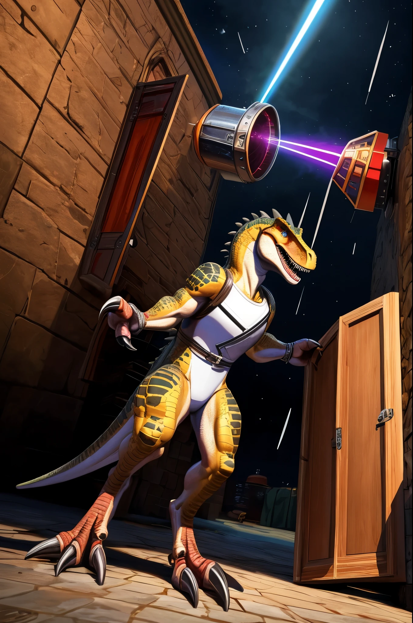 (((dinosaur character, full body, cinematic setting, lizard male))) 

Here I come, drop your jaws to the floor
I'm riding on my (((mighty laser-shooting dinosaur))) 
Here we come, can you hear him roar?

Prepare for epic fight and his (((laser missiles)))
The sound is boom, boom, boom for every time a goblin dies
Let's sing now, here we go, hear my battle cries

(((Made of metal))) from the moon
Assembled by samurai
His battery gets charged by thunderstorm
With most advanced AI
Devouring trolls and unicorns
From his maw there comes a flame
Burning away our enemies
And therefore we proclaim

BREAK, detailed background, 8K, (masterpiece:1.5), intricate details, highly detailed, extreme detail, octane render, fine art, best quality, highres, (detailed face:1.5), ((full_body)), UHD, (((perfect hands))), low light