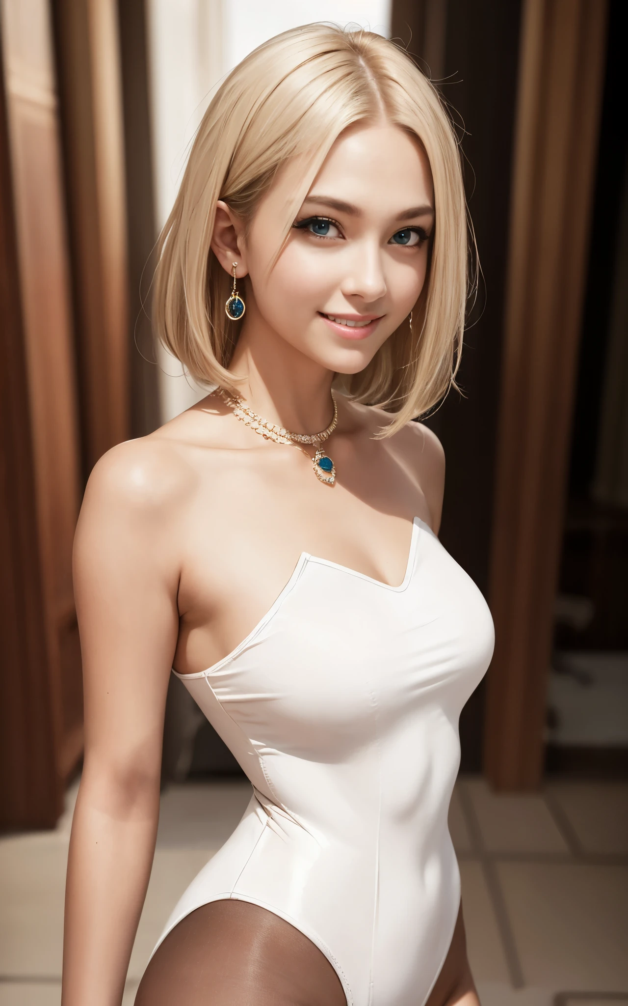 white tube-top leotard, highleg, a beauty girl, stunning proportions, pantyhose, smile, blue eyes, blonde, photorealistic, jewelry, strapless, shiny skin, bobhair, portrait