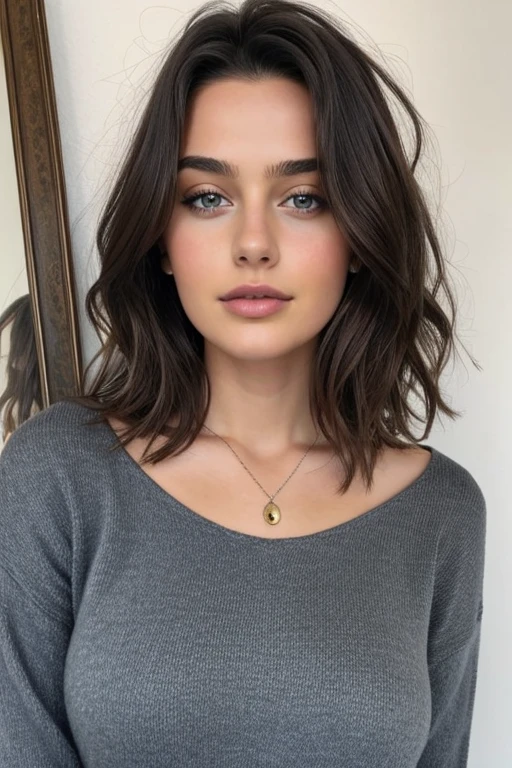 1 fille, 18 ans, Swedish, actrice de film pour adulte, Seulement, Model, cheveux longs, Huge,
regarde le spectateur, visage complet,
brunette, bare shoulders, yeux marrons, pas de rouge à lèvres, big lips, Tout le corps, collier, pull-over, Realistic, AI sexy