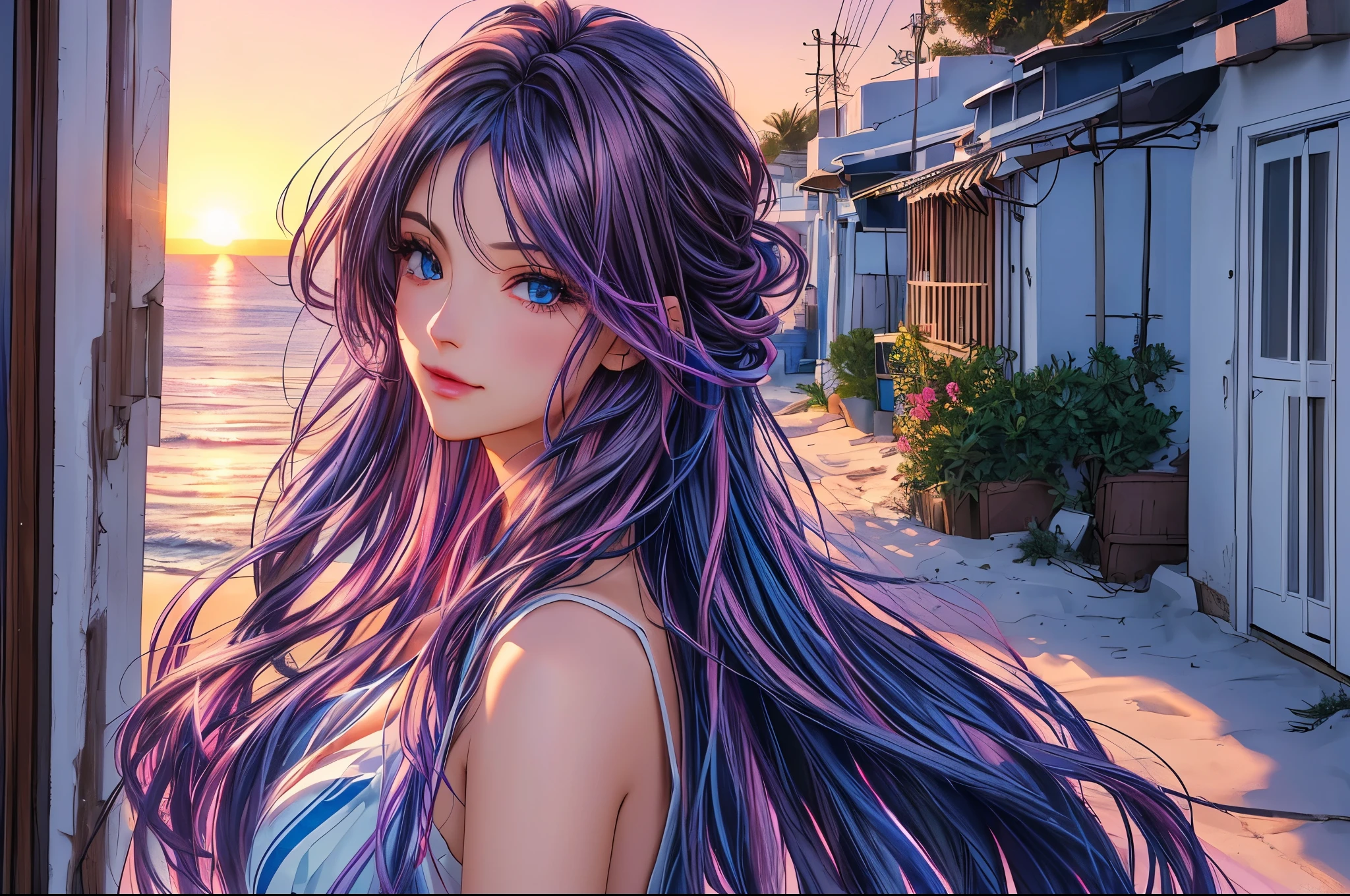 Woman in Greece portrait anime dark blue hair streaked pink purple hair blue eyes Nikon camera sunset hour realistic photography Beach House at Greek island animation realistic brown hair