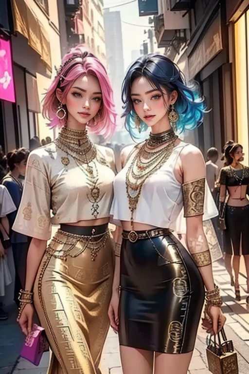 highest quality, Very detailed, masterpiece, Two women posing happily,(((Perfect female body))),Very beautiful face, Very beautiful body,Gentle expression, Very beautiful eyes,(Perfect Makeup:1.1),Fashion Model,DJ Style,Cyberpunk Fashion, Mullet Cut,Shaggy Hair,pink and blue hair:1.3, very thin body,Smart Abs,((Monogram pattern:1.3)),Blue to red gradient,Fishnet blouse,((Long leg pencil skirt,anklet)),LED Light,Two-tone high-top sneakers,A kind smile,Cooboy Shot:1.3,Portraiture,(Cyber City:1.3), (Shiny skin),(Earrings),Elegant scarves,See-through long shawl,Liquid Metal,Pirate Belt,,