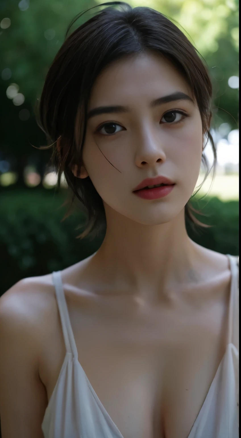 Best quality, masterpiece, ultra high res, (photorealistic:1.5), raw photo, 1girl, in the park, deep shadow, low key, cold light, sexy look, short hair, naked, pubic hair