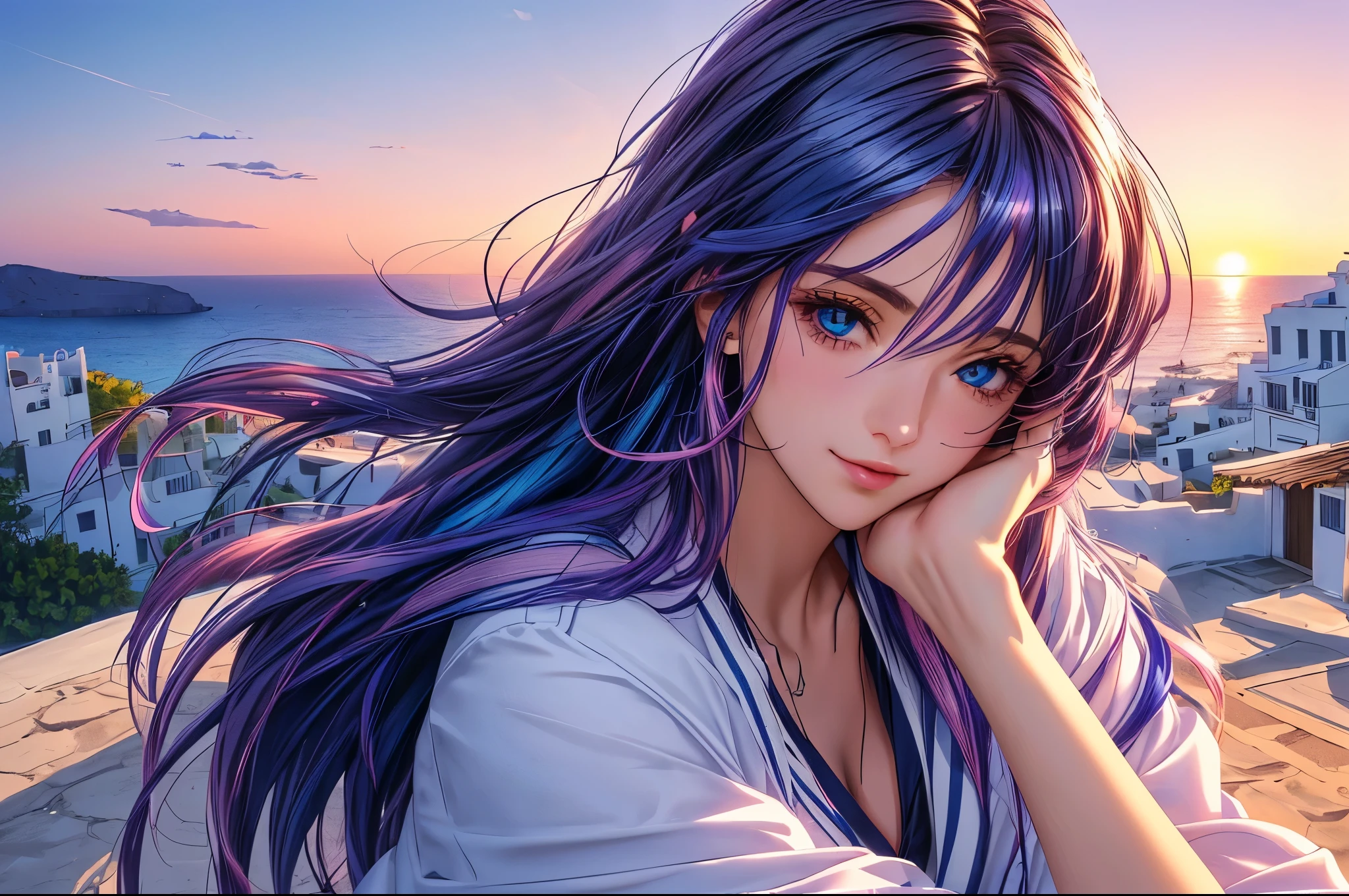 Woman in Greece portrait anime dark blue hair streaked pink purple hair blue eyes Nikon camera sunset hour realistic photography Beach House at Greek island animation realistic brown hair