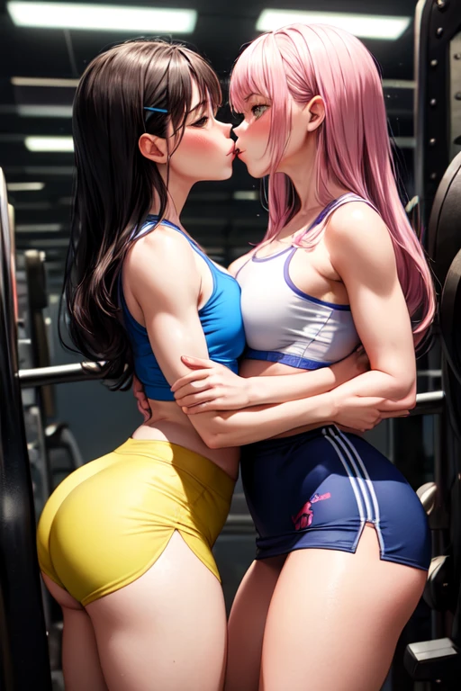 Lesbians,, kiss,small crop top underboobs, gym, 4k, legging, grappling ass, shy