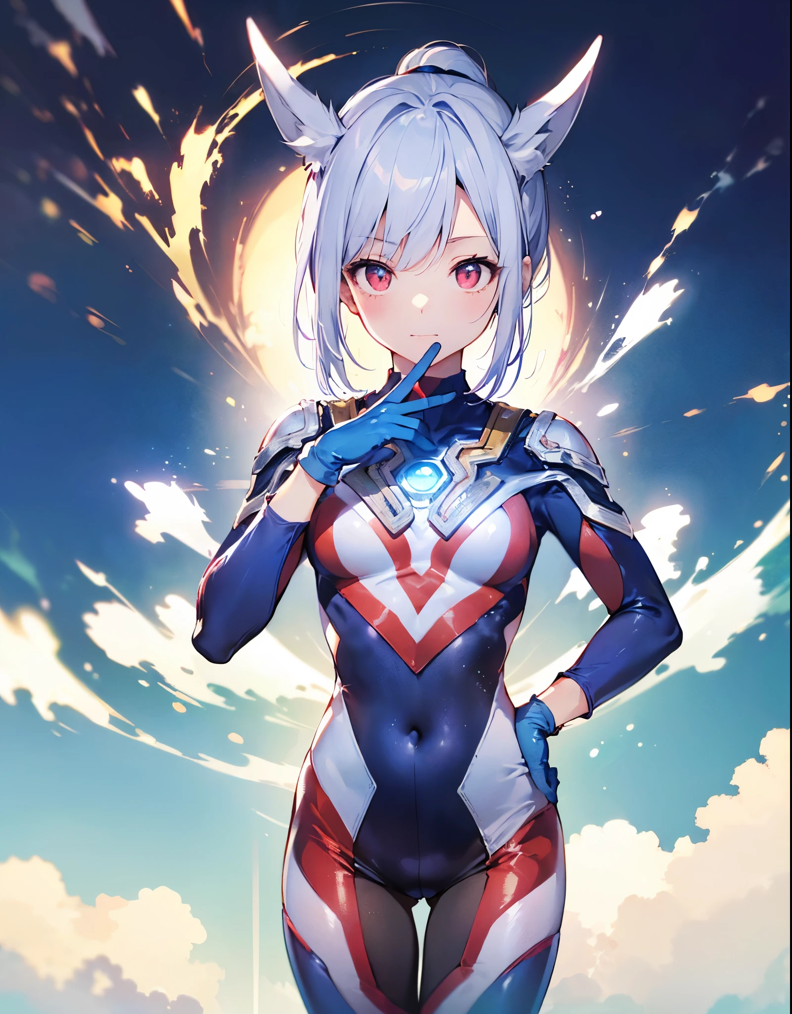 (Close-up:1.3),Realistic,highest quality, Ultra Detail, High-quality CG rendering, The most delicate and beautiful, Floating softly, High resolution, (1 girl), (Highest quality,4K,8K,masterpiece:1.2) ,Light purple hair,Rabbit,Bunny ears,ponytail,Red eyes,(Ultra Girl:1.0),(Bright blue Ultraman bodysuit:1.4),(Blue gloves:1.3),(Blue shoes:1.3), (Turn your back to your audience:1.3),Ass,(背中にウサギのAss尾:1.5),(whole body:1.3)