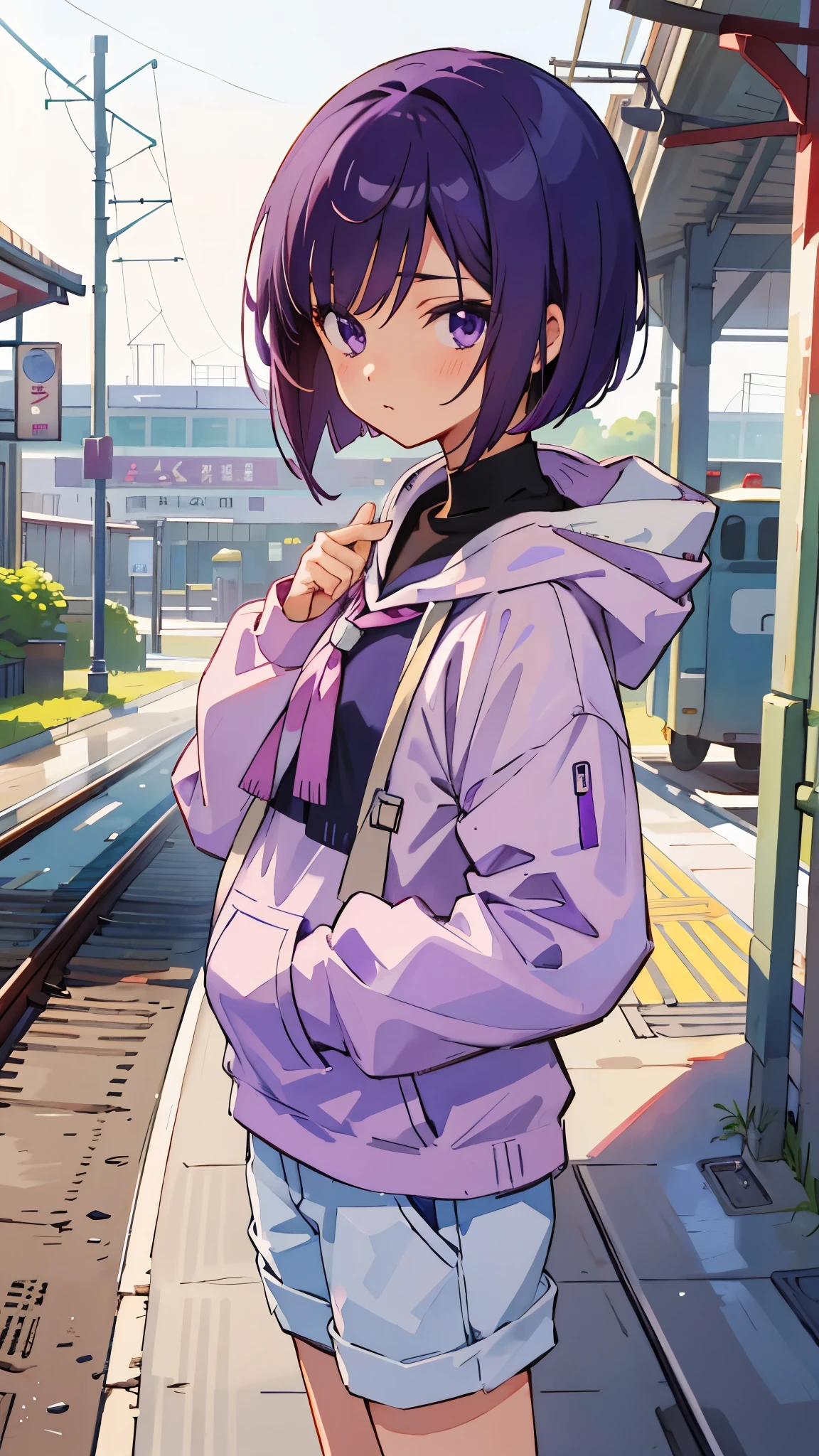 1 Girl、Anime-style paintings、Purple short bob cut、Straight Hair、Purple Eyes、Wearing a white hoodie、Railway station background