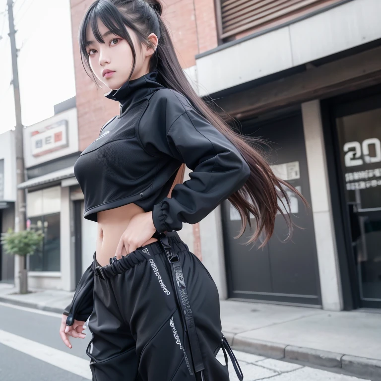 Ultra high definition、High resolution、8k、Raw photo、1 beautiful age Japanese woman、Big beautiful eyeedium chest、Black semi-long hair、(Techwear fashion:1.4), walking, (cowboy shot:1.2), nice angle, nice posture, (outdoor, town street)