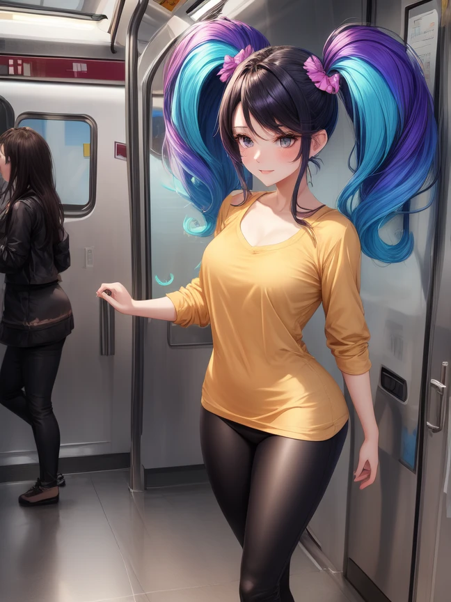 beautiful woman with rainbow gradient hair (mega twintails) 8k, masterpiece, highly detailed, solo,
(Metro City),
boom shot,
dancing,
depressed,
leggings with a tunic top