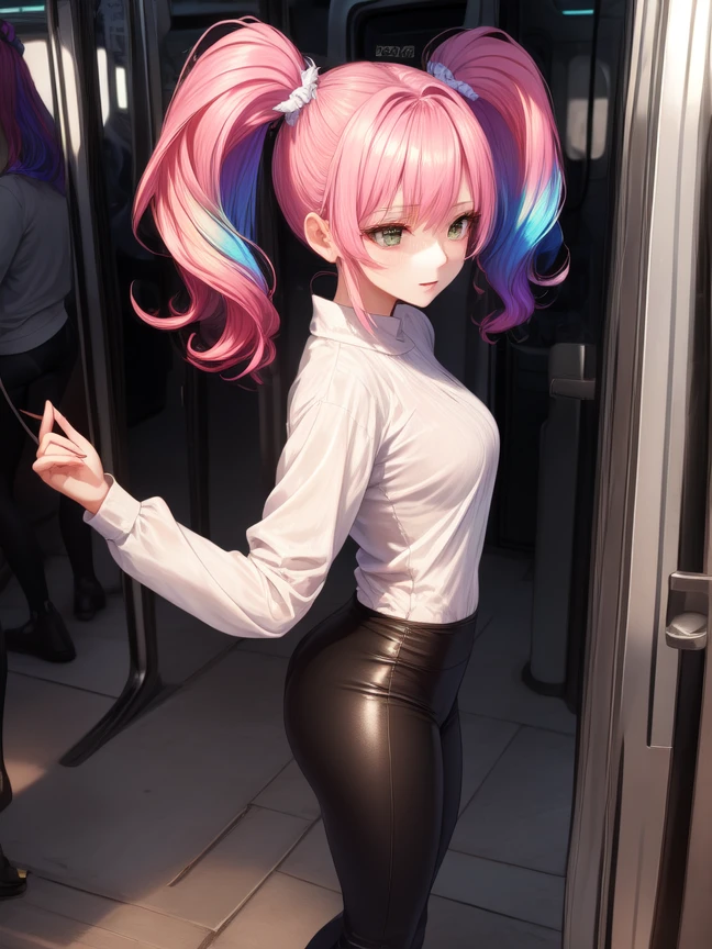 beautiful woman with rainbow gradient hair (mega twintails) 8k, masterpiece, highly detailed, solo,
(Metro City),
boom shot,
dancing,
depressed,
leggings with a tunic top