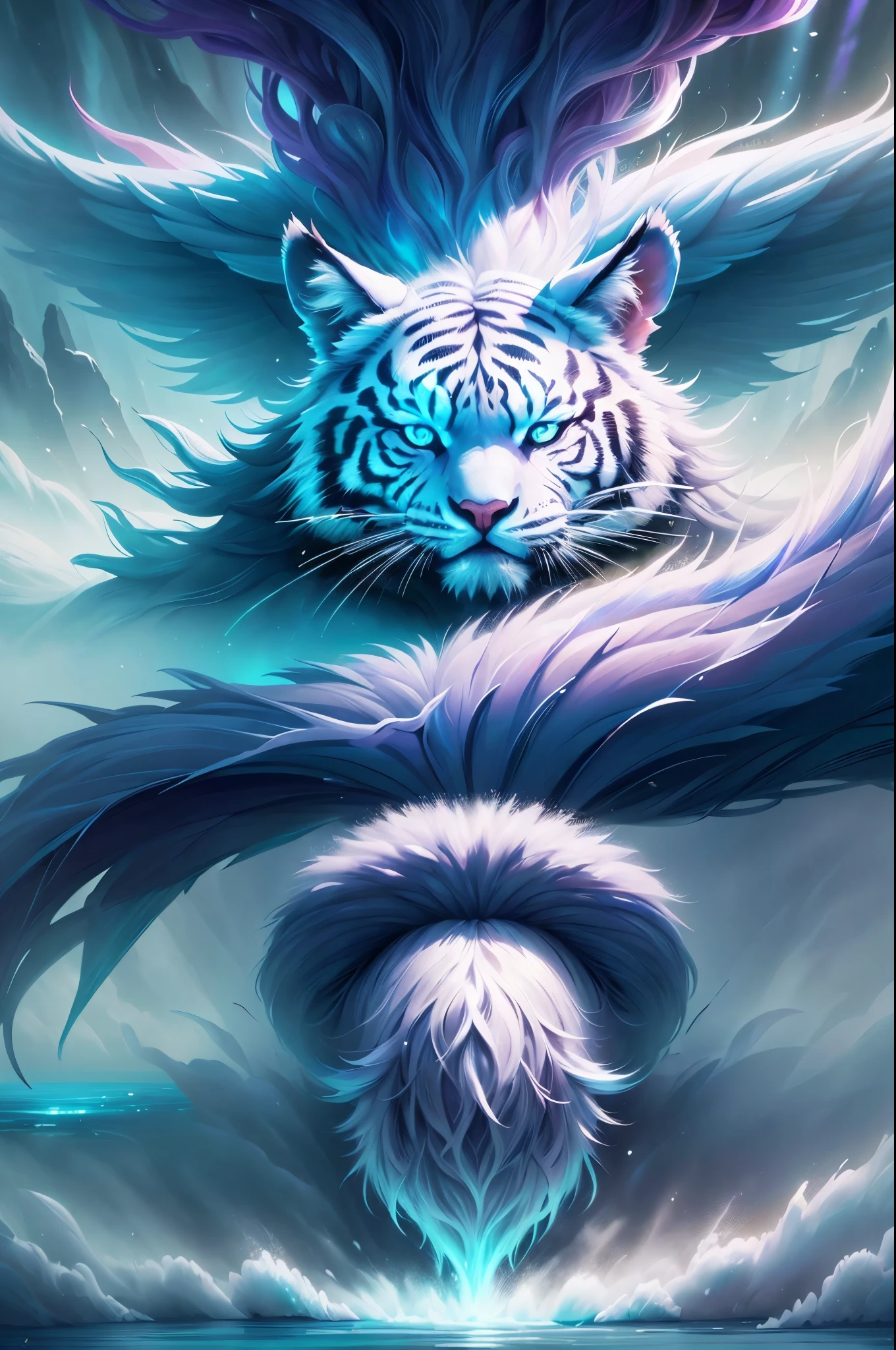 detailed fur on animals, vibrant and realistic colors, surreal landscape, ethereal atmosphere, mystical setting, magical sunlight, dreamlike reflections of water, dynamic composition, enchanting scene, intense and captivating emotions, intricate and fascinating details, shots of soft brush on canvas, harmonious color palette, striking contrast between light and dark, mythical creatures, powerful and majestic presence, deep connection, white tiger, (such as "official art:1.2" and "2D:1.5" ), enigmatic and stimulating story. if necessary to emphasize certain aspects of the prompt.