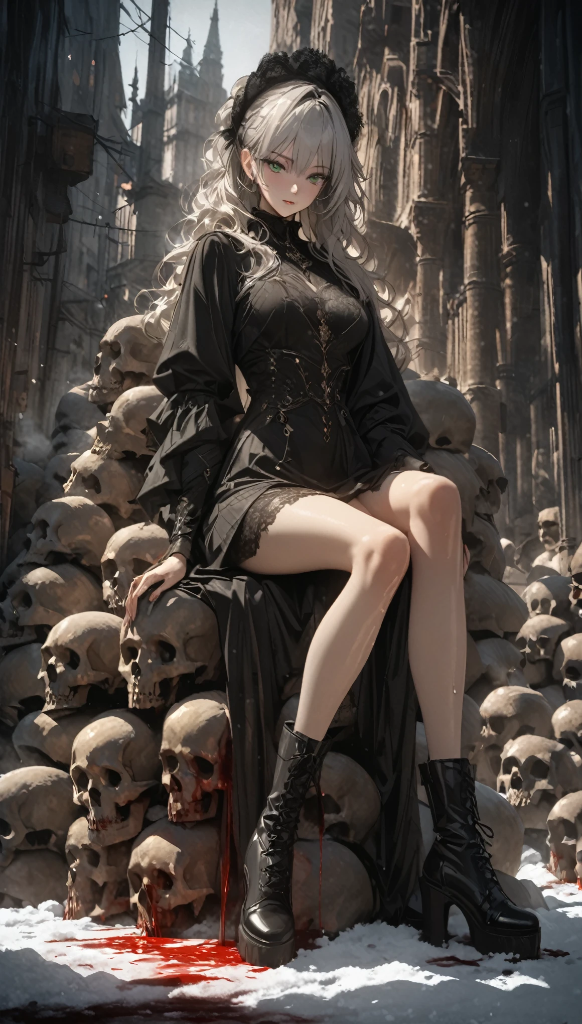 Oil painting texture,Full body portrait,Low angle view,A sexy and charming woman sits on a pile of skulls,Black Armor,The hand wearing gorgeous and exquisite jewelry holds a huge long-handled sickle dripping with blood.,Dripping blood,Bronzed skin,Green eyes,Snow-white hair,Long legs,Boots,Black tones,Dark Tones,Snapshot aesthetic style , Extreme detail,Rich details,8K,high quality,masterpiece