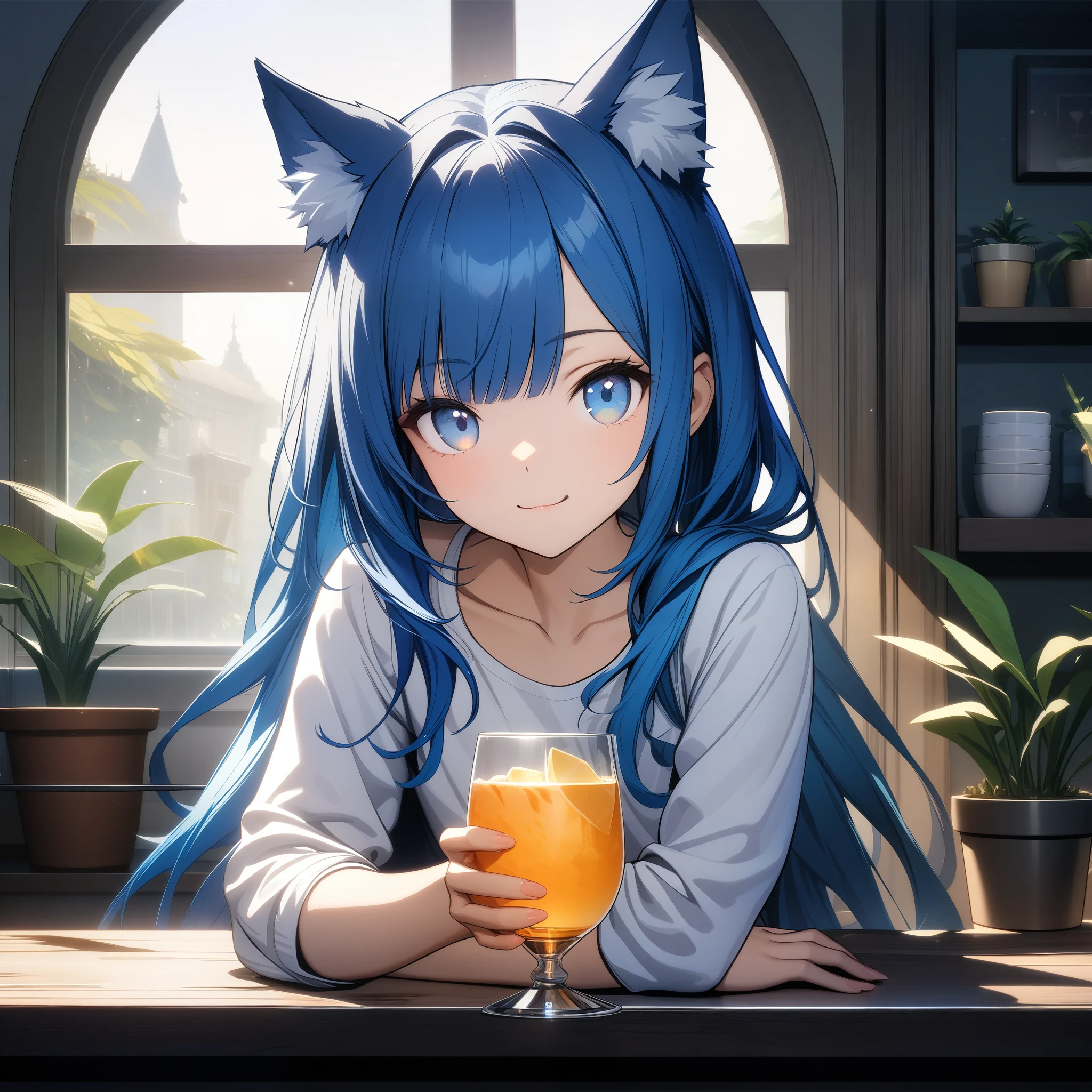 32k, best quality, ultra high res, HDR, UHD, extremely detailed CG, unity 32k wallpaper, 1girl, solo, long hair, looking at viewer, smile, bangs, blue eyes, shirt, long sleeves, holding, animal ears, closed mouth, blue hair, white shirt, multicolored hair, indoors, cat ears, cup, animal ear fluff, window, plant, holding cup, drinking glass, crystal, potted plant,