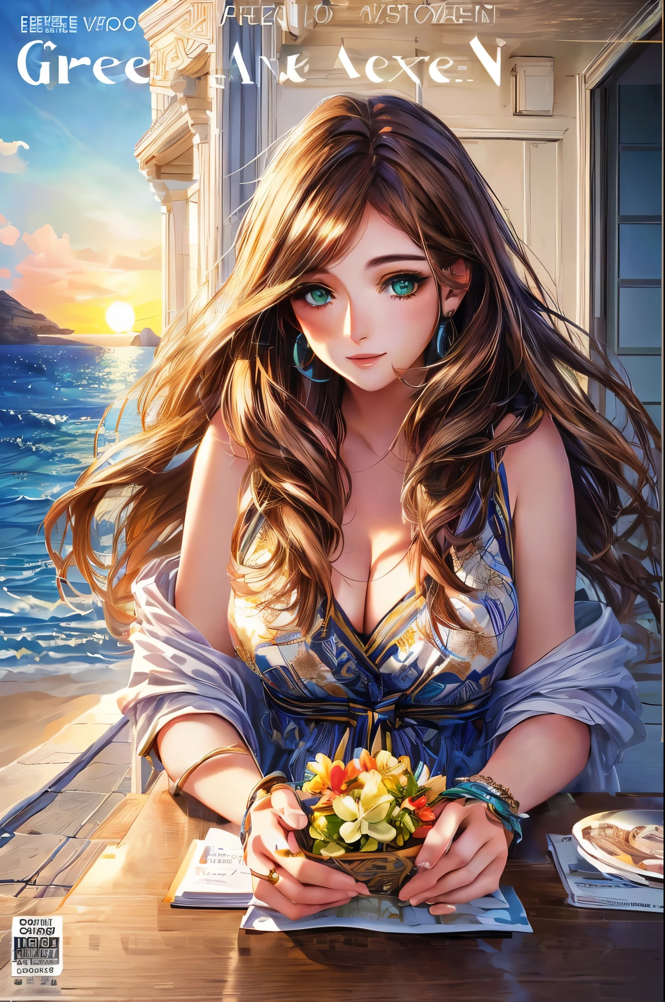 Woman in Greece portrait anime green eyes Nikon camera sunset hour realistic photography Beach House at Greek island animation realistic brown hair (magazine:1.37), (cover-style:1.3), Octane Render,