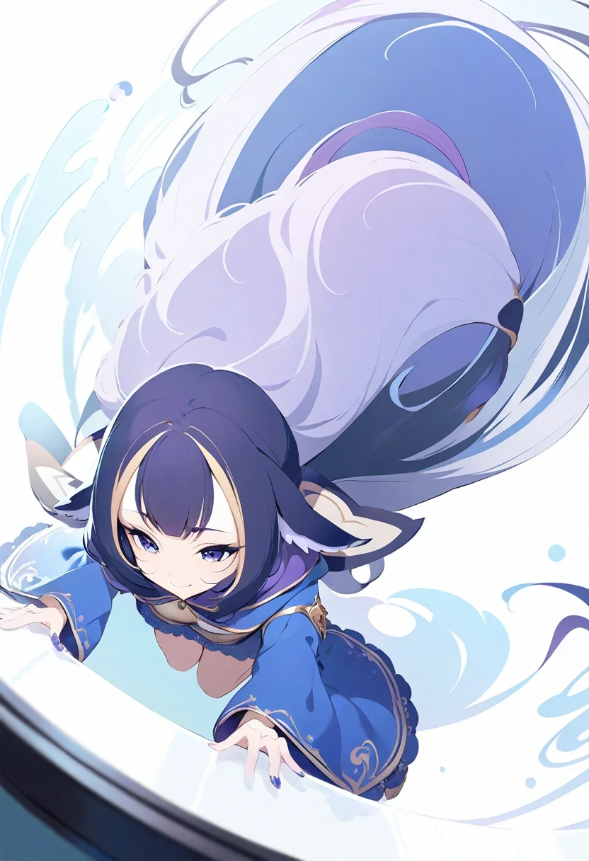 (shylily/(Twich/):1.5),(masterpiece:1.2),(best quality:1.2),White background, Blue skirt，Solo Woman, Solitary, (kneel), (kneel on white glass surface), (point, small), (White background), (Witch Hat), curly, Looking at the audience, Panoramic view,  Anime art wallpaper ink painting style，nice color，Decisive cuts，，Epic Works， 