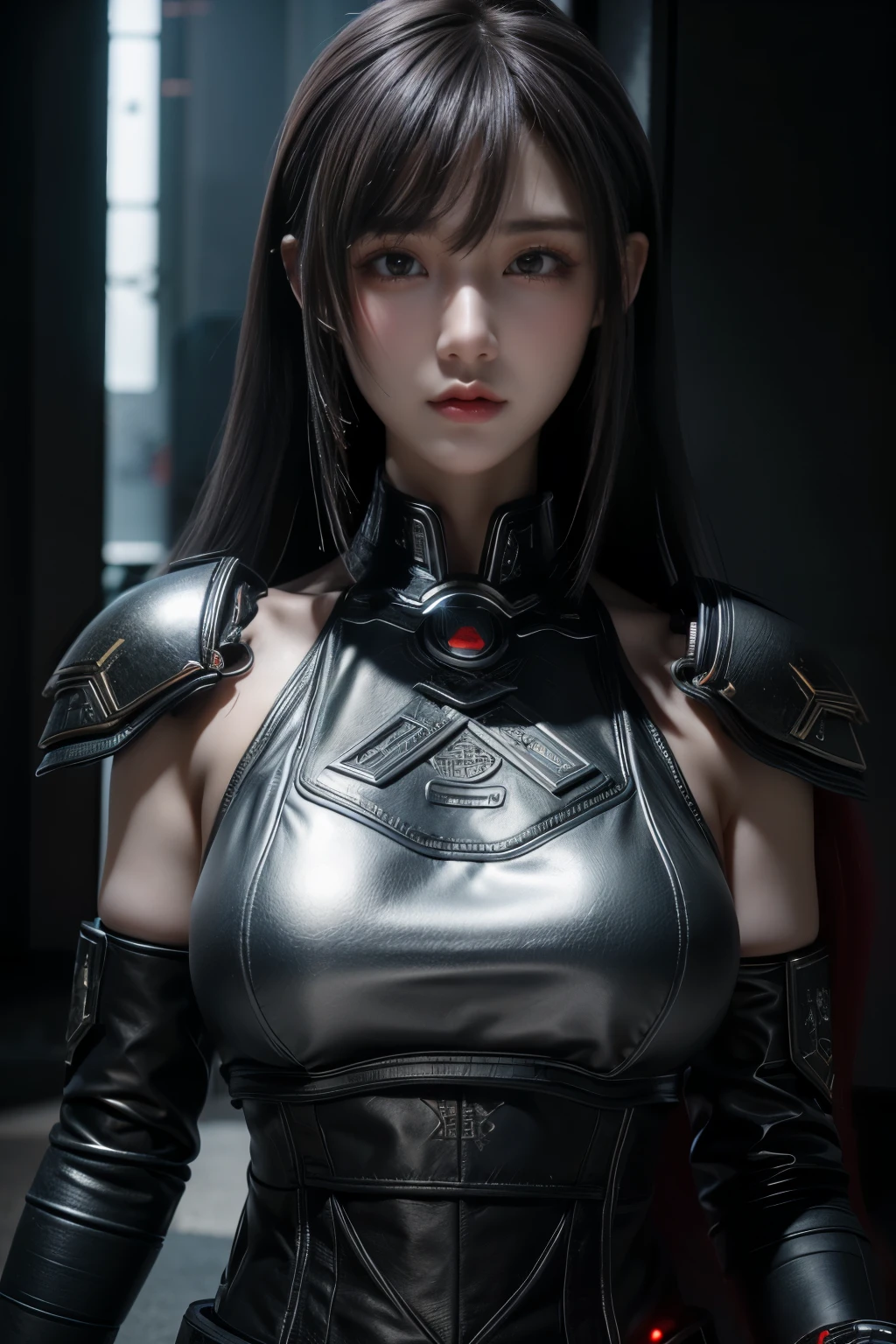 Masterpiece,Game art,The best picture quality,Highest resolution,8K,(Portrait),Unreal Engine 5 rendering works,(Digital Photography),((Portrait Feature:1.5)),
20 year old girl,Short hair details,With long bangs,(The red eye makeup is very meticulous),(With long gray hair:1.4),(Large, full breasts),Elegant and noble,Brave and charming,
(Future armor combined with the characteristics of ancient Chinese armor,Hollow design,Power Armor,The mysterious Eastern runes,A delicate dress pattern,A flash of magic),Warrior of the future,Cyberpunk figures,Background of war,
Movie lights,Ray tracing,Game CG,((3D Unreal Engine)),OC rendering reflection pattern