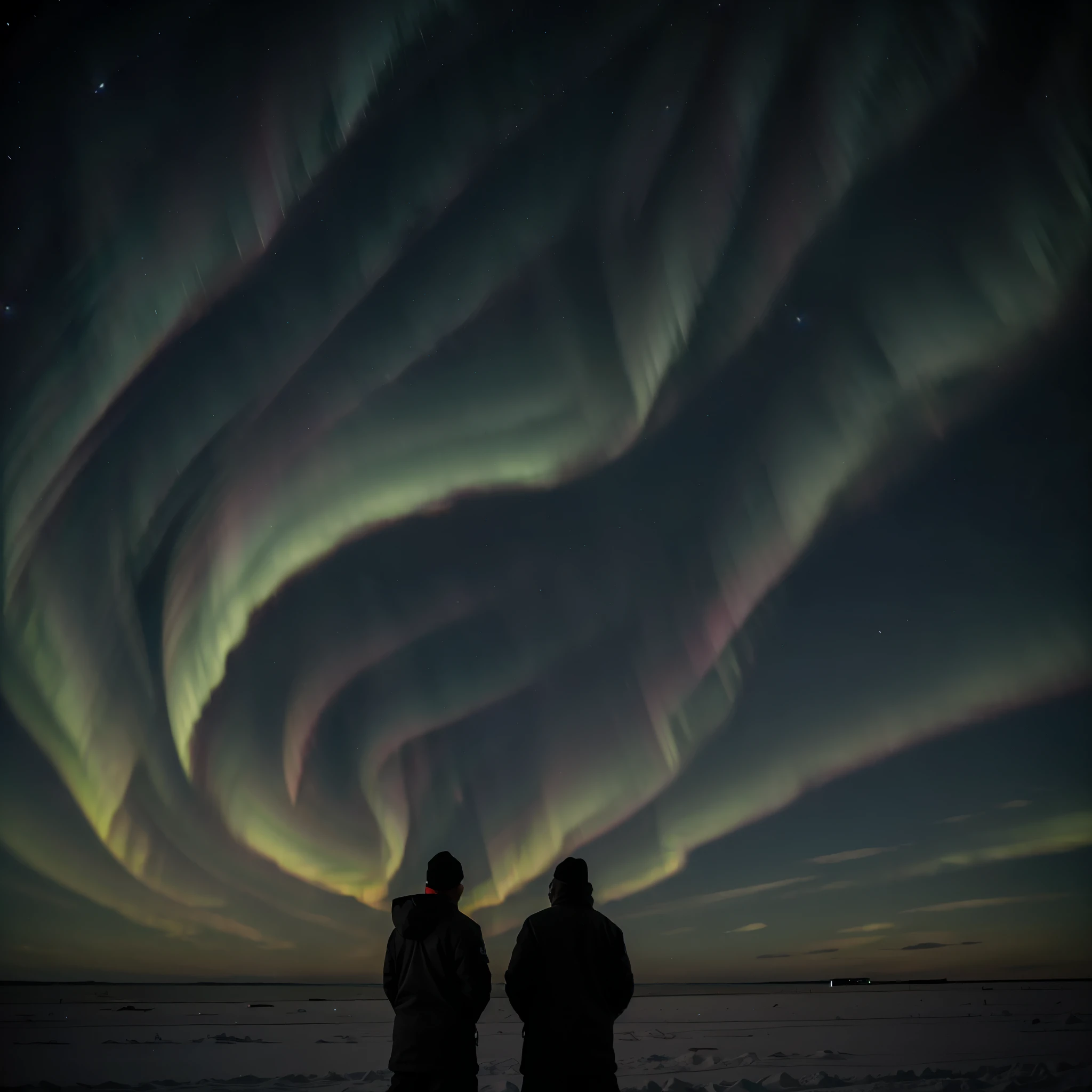 A man with a friend looks at the Aurora lights in the night sky at the South Pole