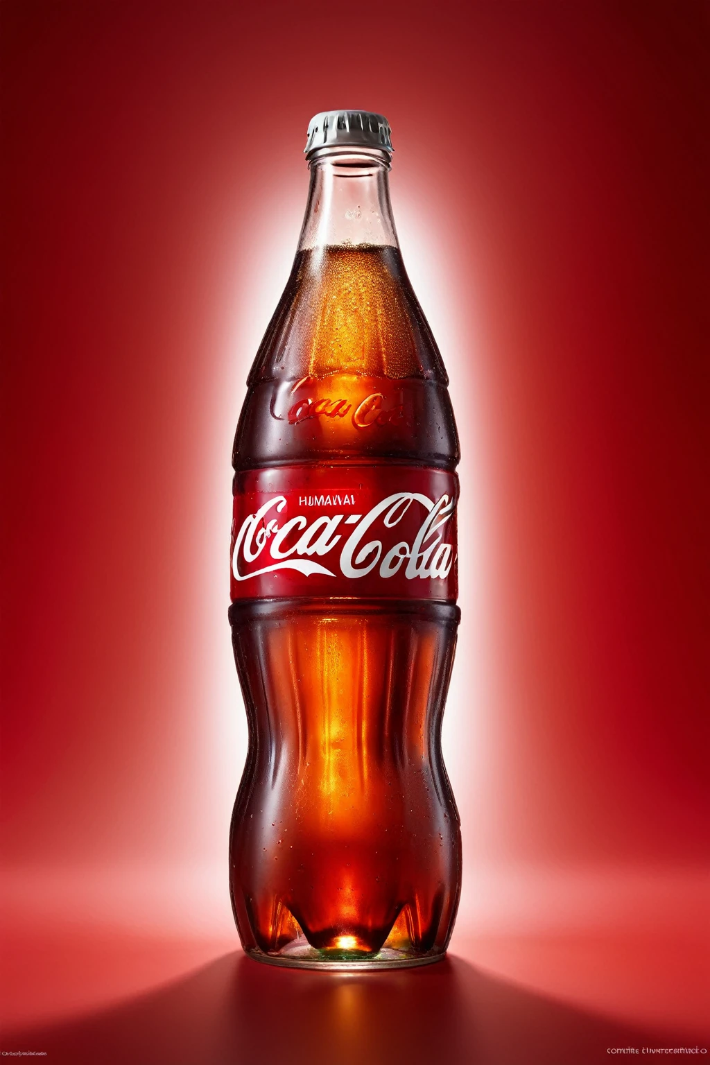 Ser humano, piel clara, body divided by the transformation from normal body to Coca Cola soft drink liquid, On one side the liquid is stored in a glass Coca Cola bottle, 2-tone Lighting, fondo rojo, rostro del cuerpo humano serio, ojos cerrados, realista