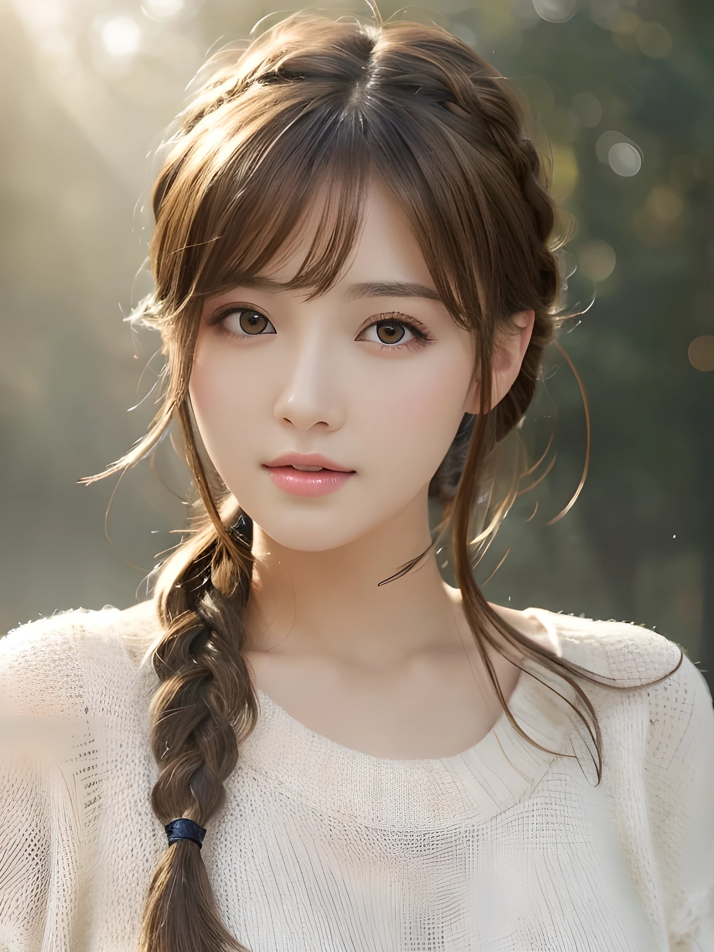 masterpiece, highest quality, High resolution, wallpaper, realistic, (bright lighting:1.4), professional lighting, face light, smooth lighting, (shoot from front:1.8), 1 girl, closeup-face, cute, sleepy, open mouth to say something, shy, Beautiful girl, sexy, super beautiful, beautiful skin, beautiful and detailed eyes、detailed face、slim、moderately, braid hair, brunette colored hair, brown eyes, Professional Photography, Bokeh, Portrait, The morning sunlight shines through the misty forest path. sweater,