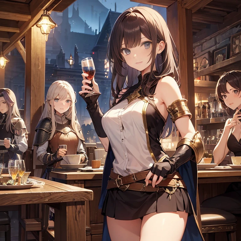 A group of  female medieval fantasy adventurers, (in tavern), various hair styles, harem, night, details face, short skirt, seducing, sleeveless, armor 